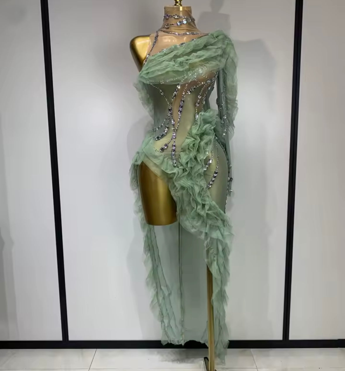 Sexy Green One Shoulder Ruffled Rhinestone See Through Dress