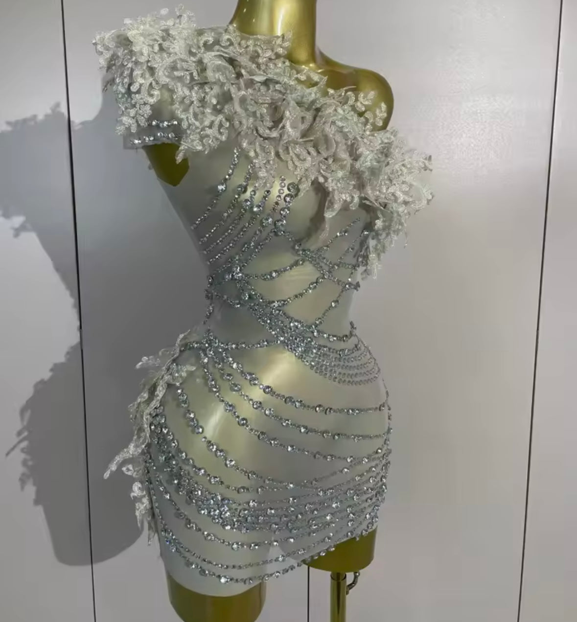 Silver One Shoulder Sleeveless See Through Rhinestone Dress