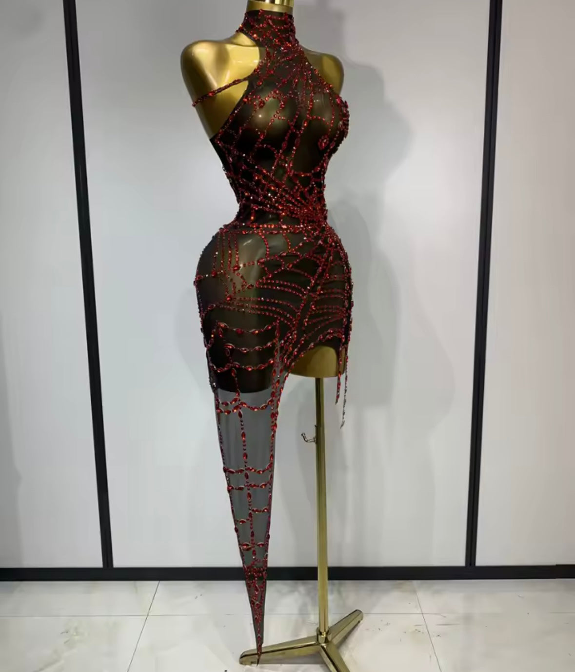Sexy Rhinestone Mesh Sleeveless Asymmetrical Dress