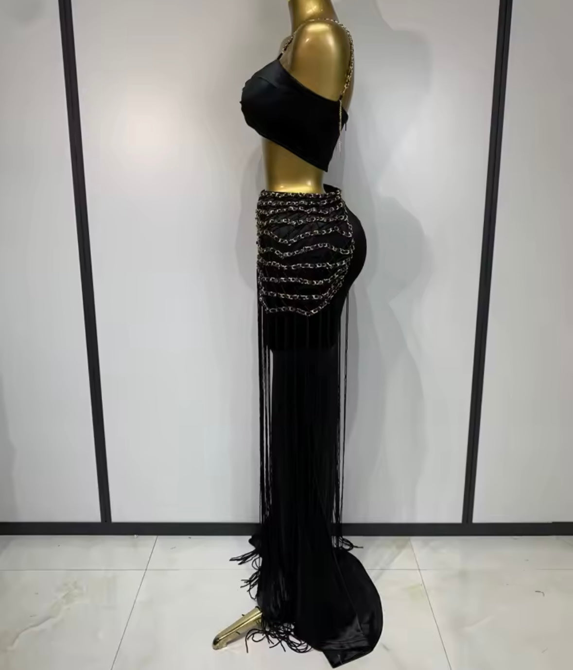 Sexy Black Sleeveless Chain Fringe Tassel Maxi Skirt Set