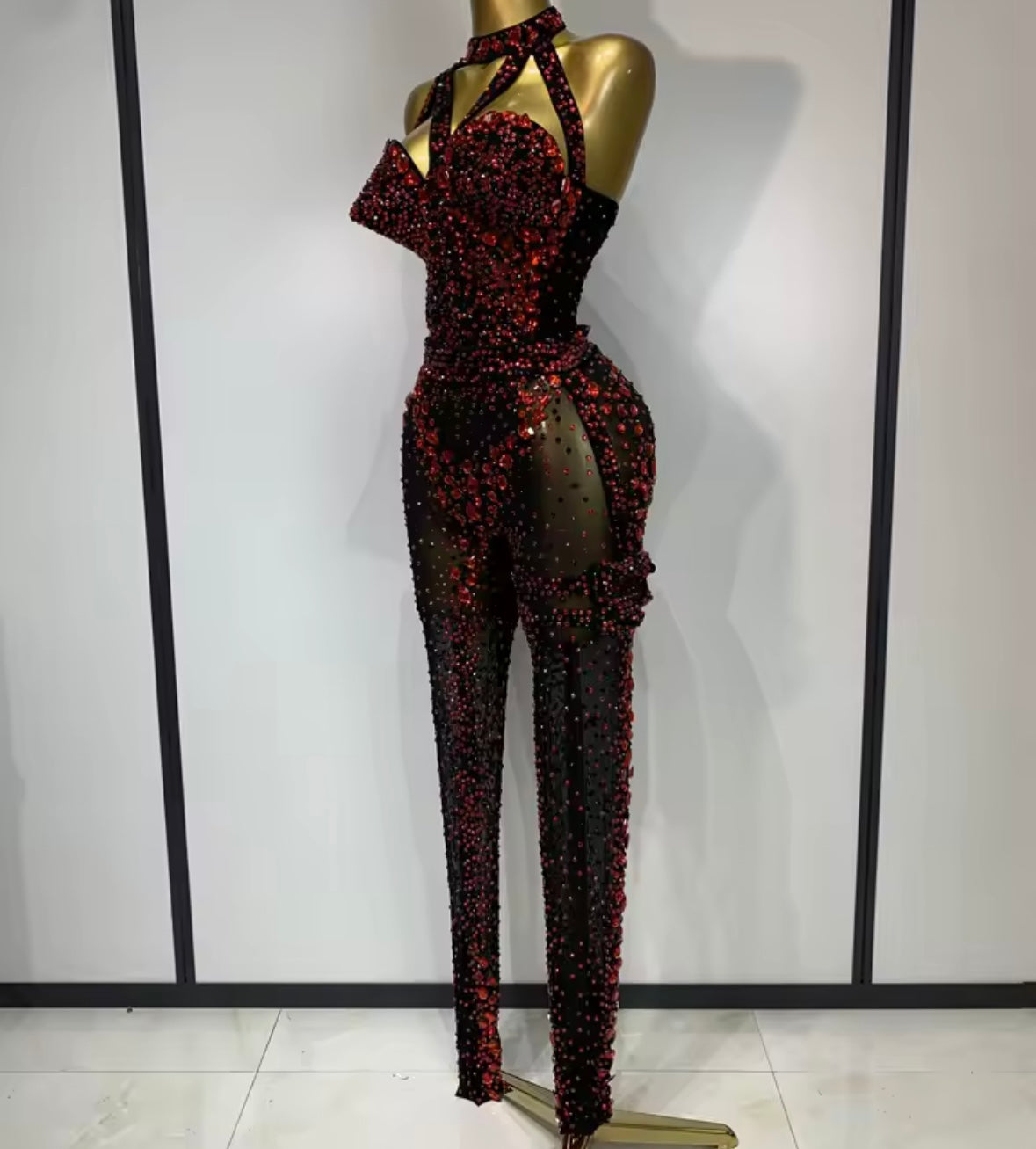 Black Sexy Halter Sleeveless Red Rhinestone See Through Jumpsuit