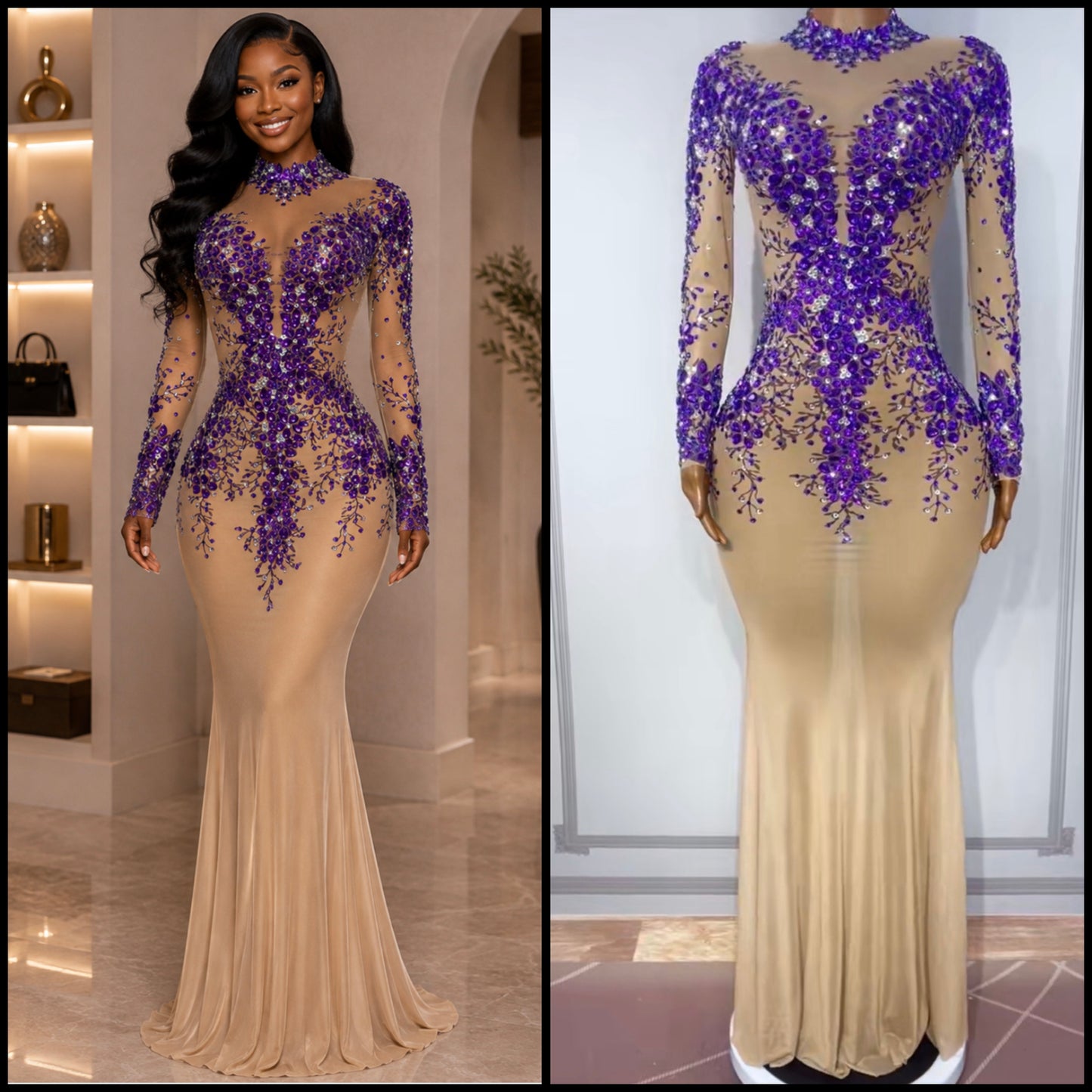 Sexy Purple Rhinestone Full Sleeve See Through Maxi Dress