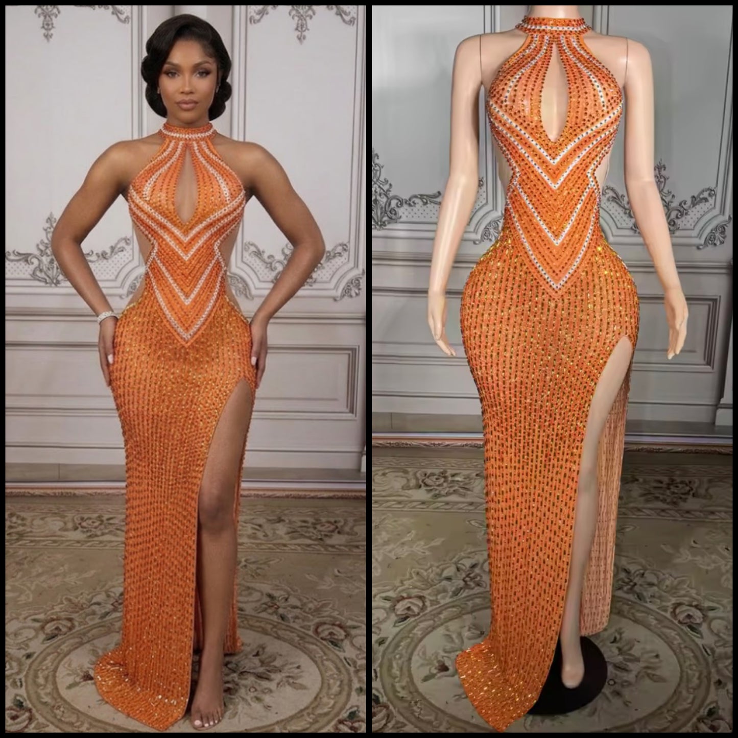 Orange Sexy Sleeveless Rhinestone Side Split Maxi Dress