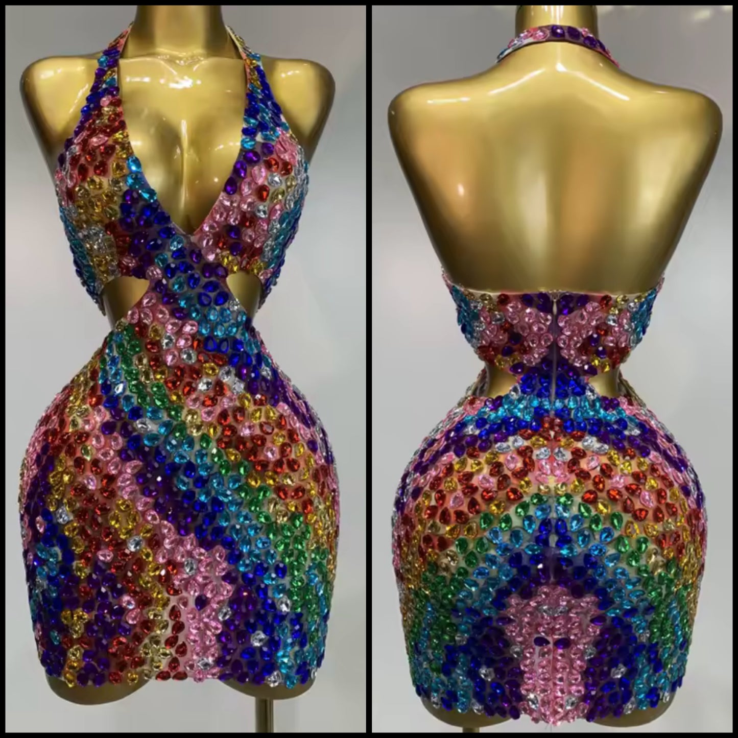 Sexy Halter Sleeveless Multicolored Rhinestone Dress