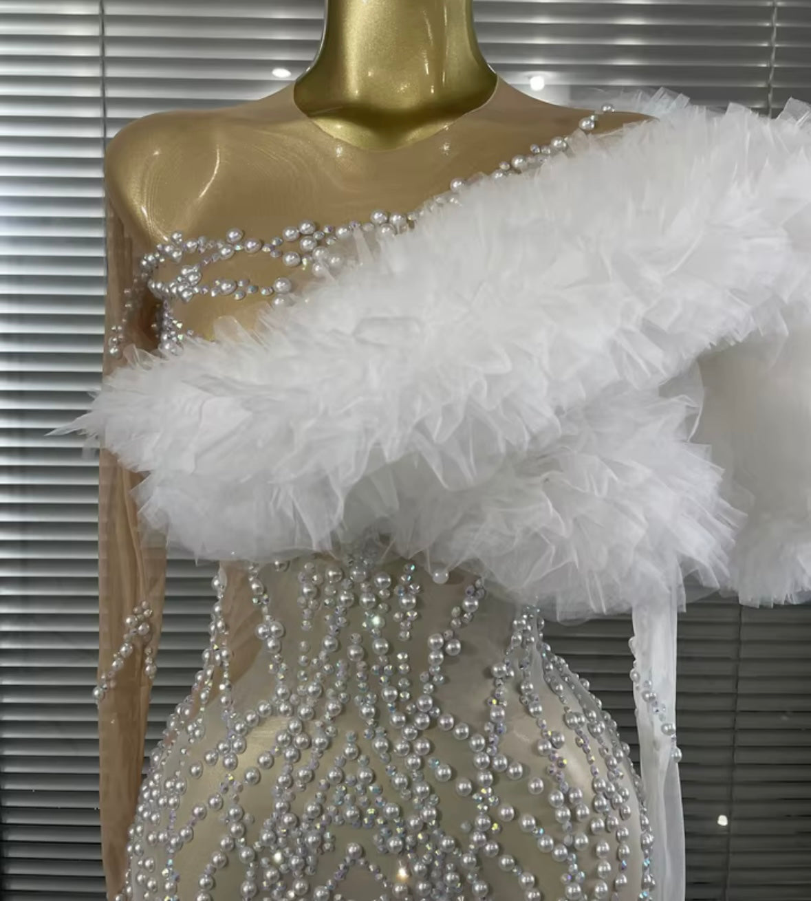 Sexy Beaded Ruffle Full Sleeve See Through Dress