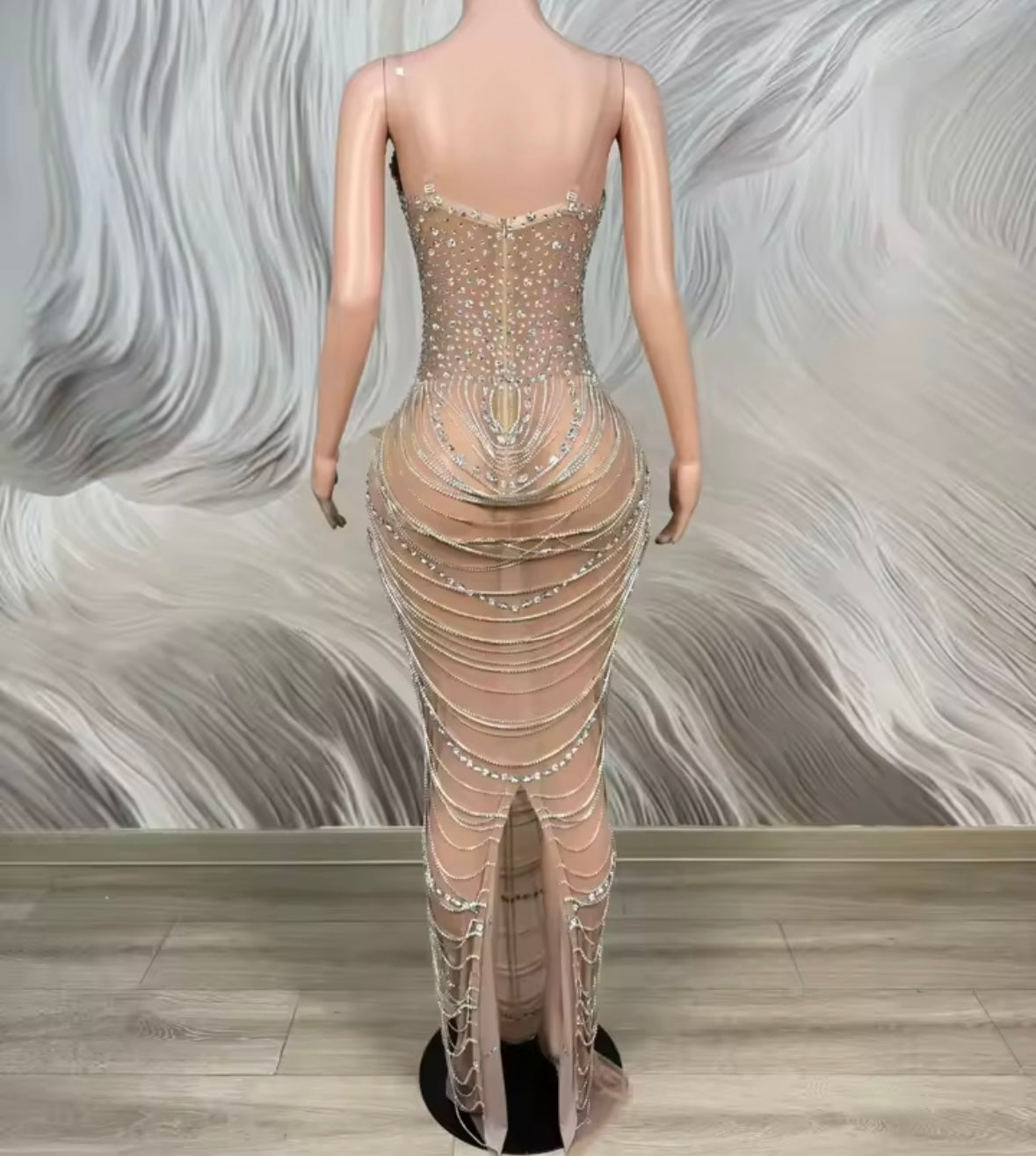 Sexy Sleeveless Rhinestone Chain See Through Maxi Dress