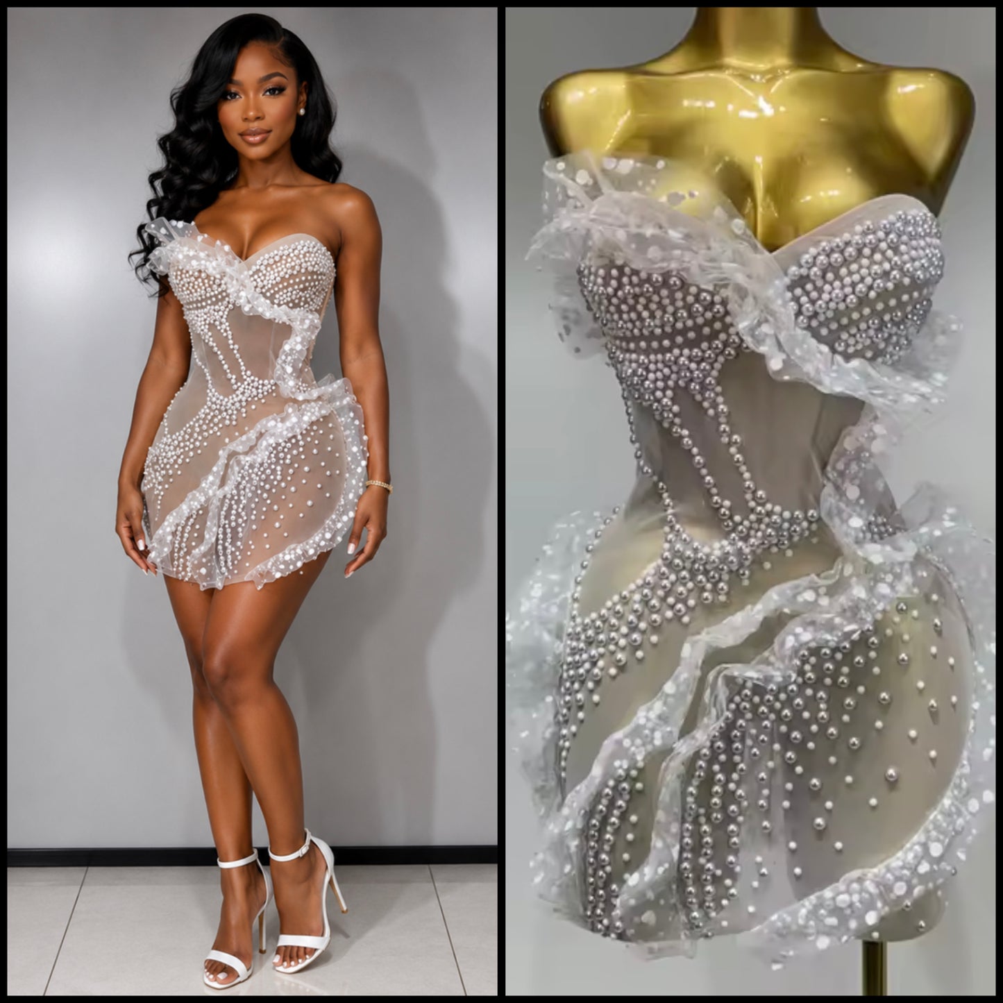 White Strapless Sexy Pearl Ruffle See Through Dress