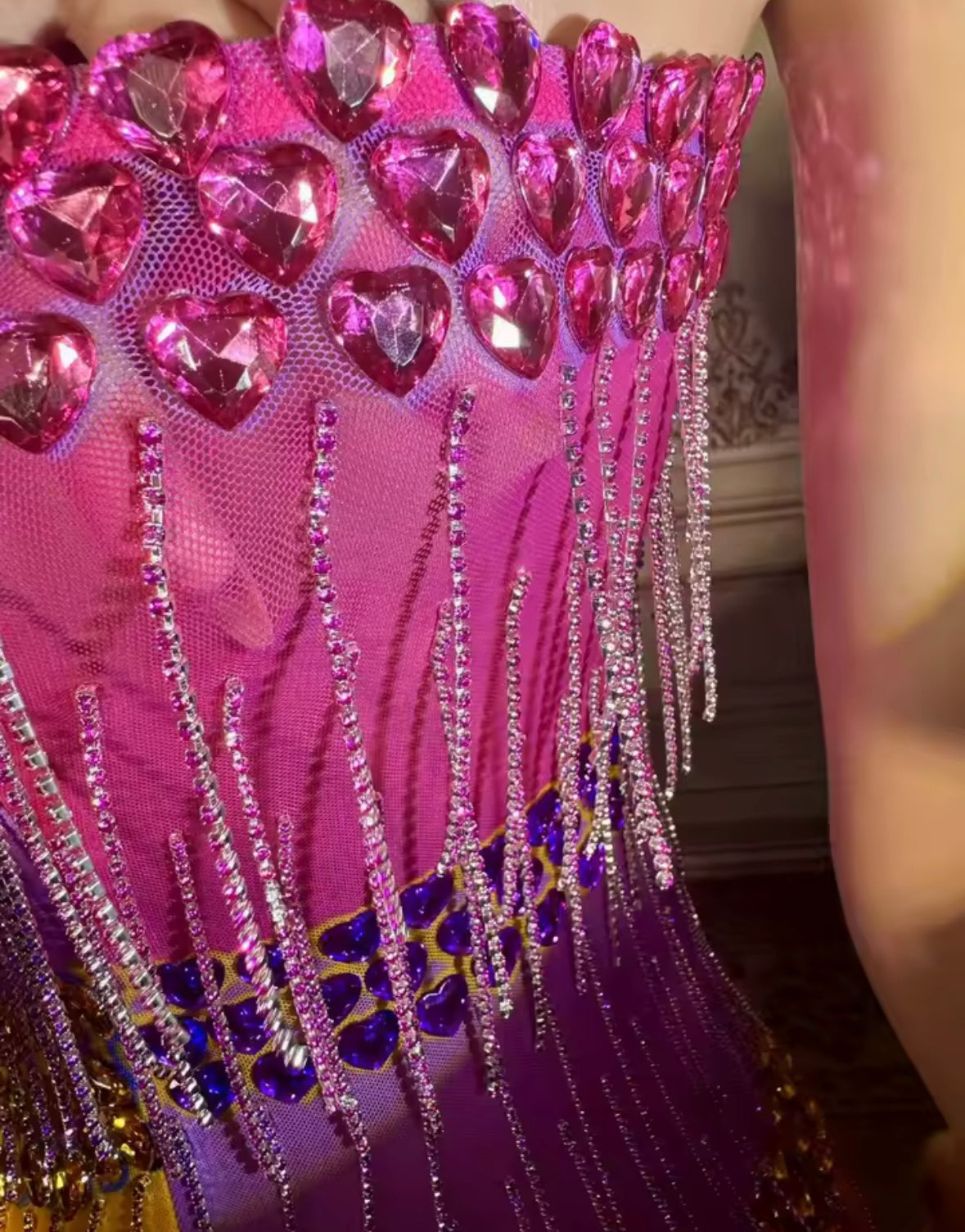 Sexy One Shoulder Sleeveless Multicolored Rhinestone Tassel Dress