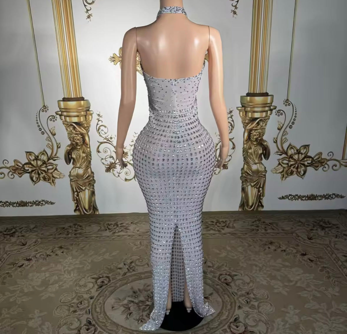 Sexy Silver Halter Sleeveless Bow Rhinestone Maxi Dress