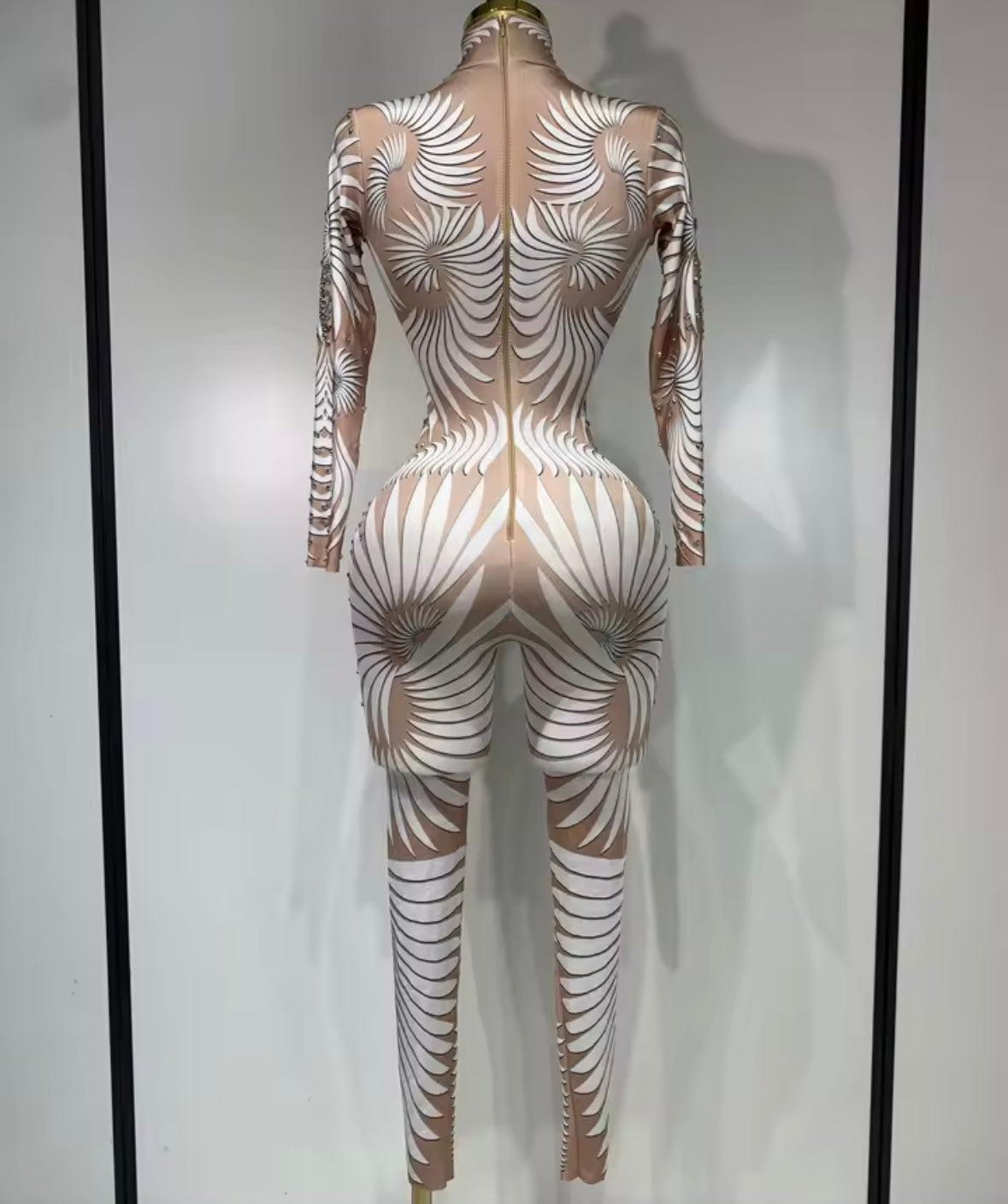 Sexy Rhinestone Embellishment Printed Full Sleeve Jumpsuit