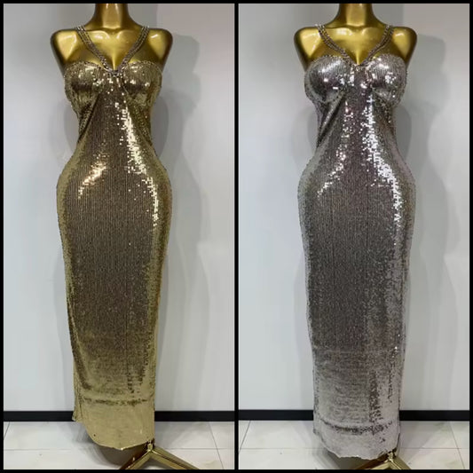 Sexy Rhinestone Halter Sleeveless Sequins Maxi Dress