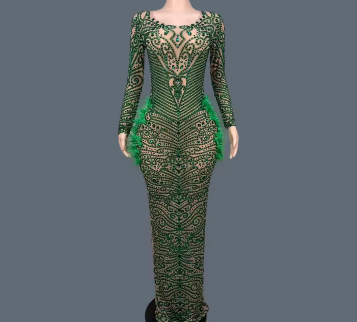 Sexy Green Feather Rhinestone Embellishment Maxi Dress