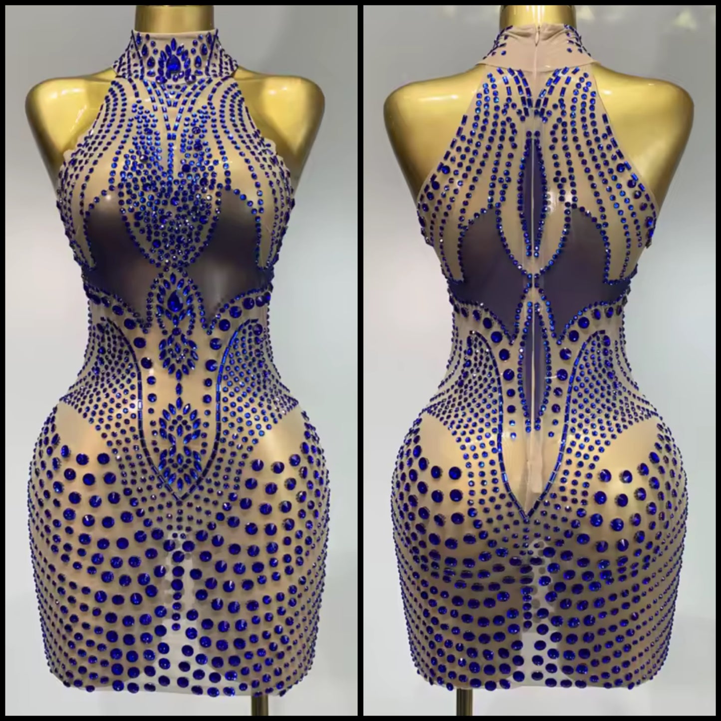 Sexy Sleeveless Blue Crystal See Through Short Dress