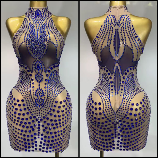 Sexy Sleeveless Blue Crystal See Through Short Dress