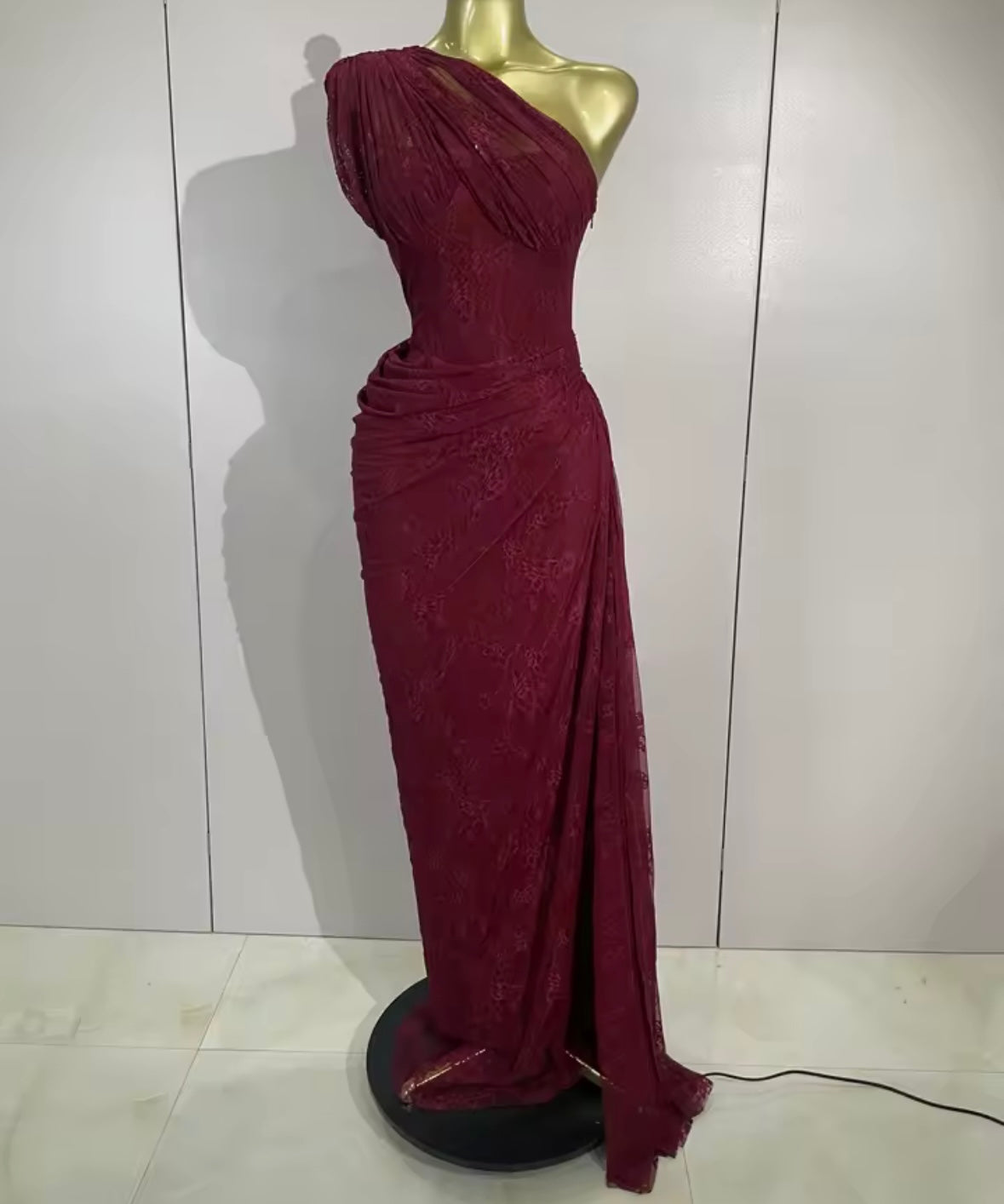 Sexy Burgundy One Shoulder Lace Side Split Maxi Dress