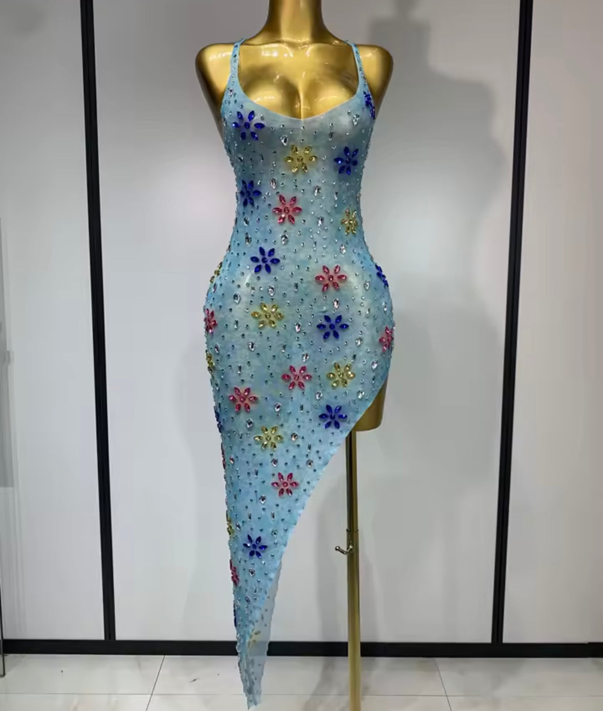 Blue Sexy Sleeveless Crystal Rhinestone Asymmetrical Dress