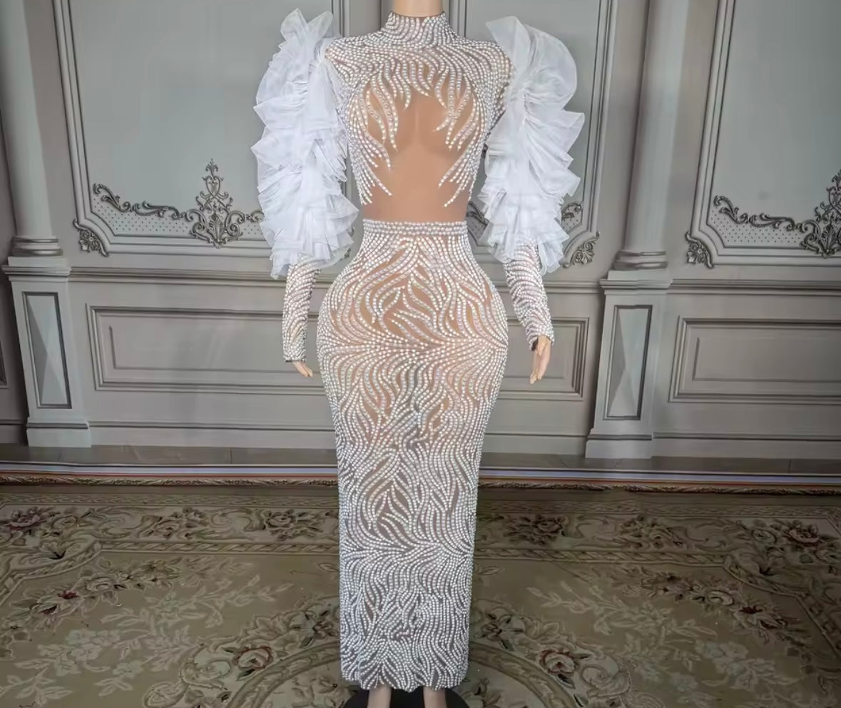 Sexy Beaded Ruffle Fur Sleeve See Through Maxi Dress