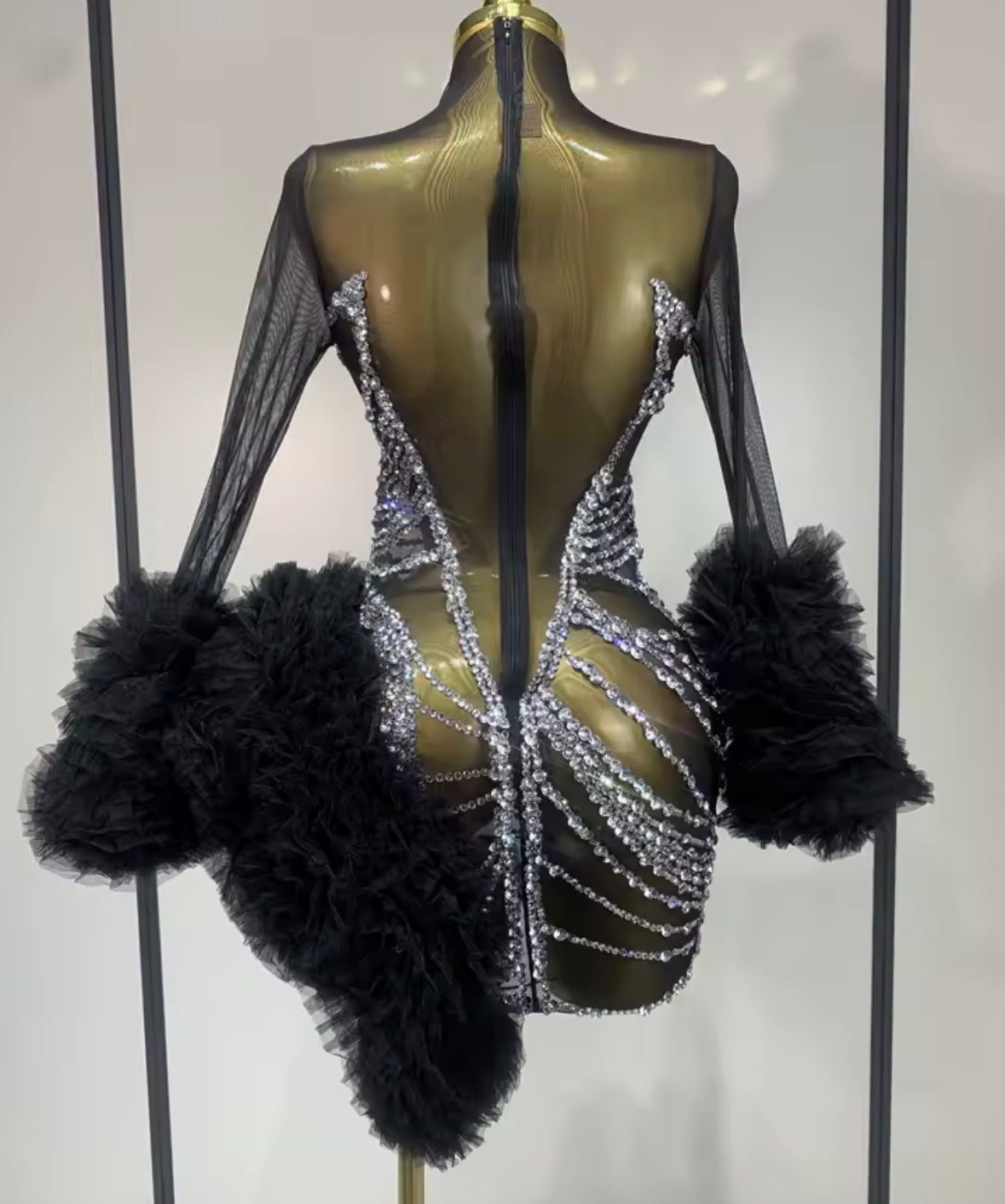 Sexy Black Ruffle Rhinestone Full Sleeve Short Dress