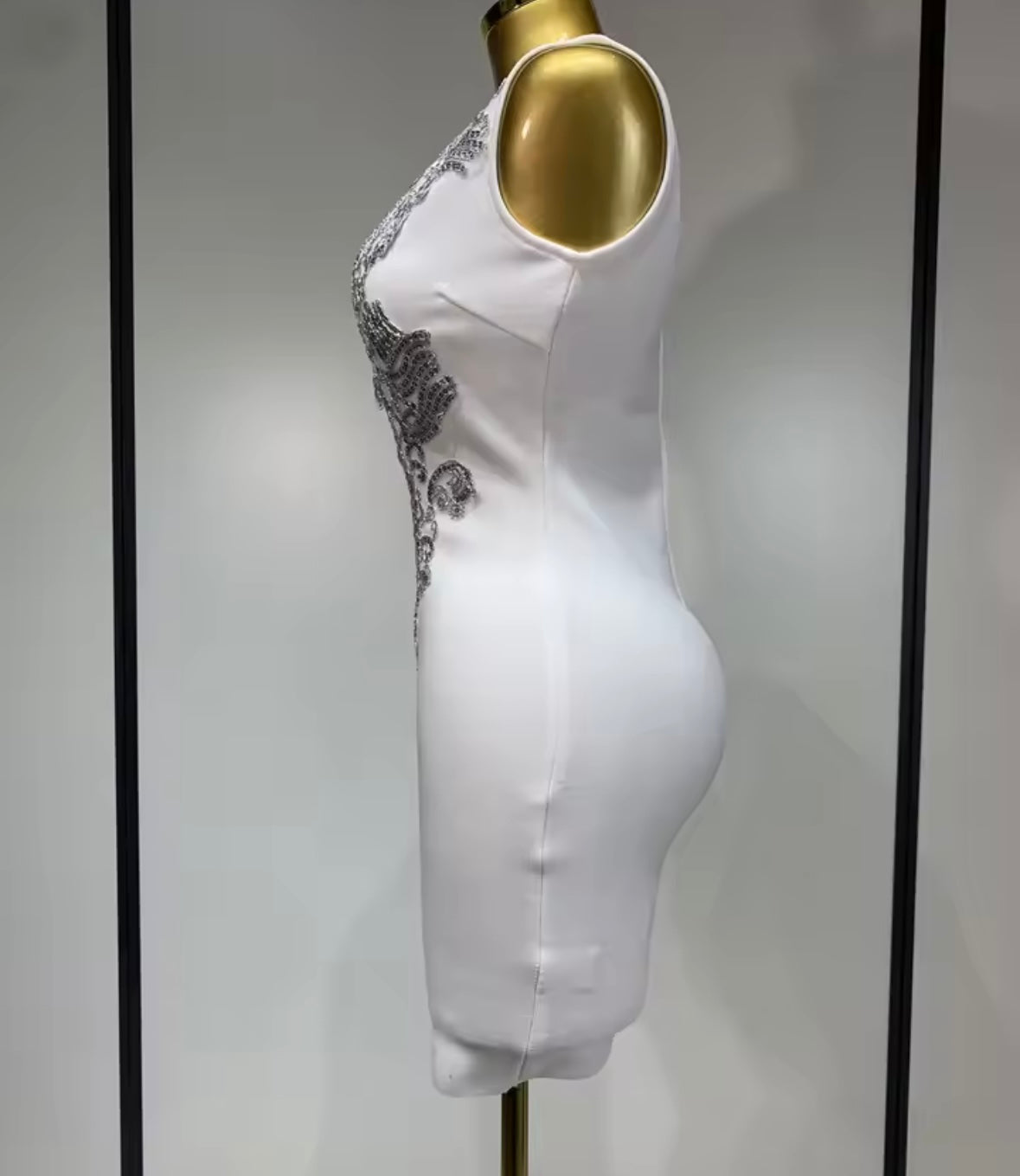 White Sleeveless Sequins Cut Out Sexy Dress