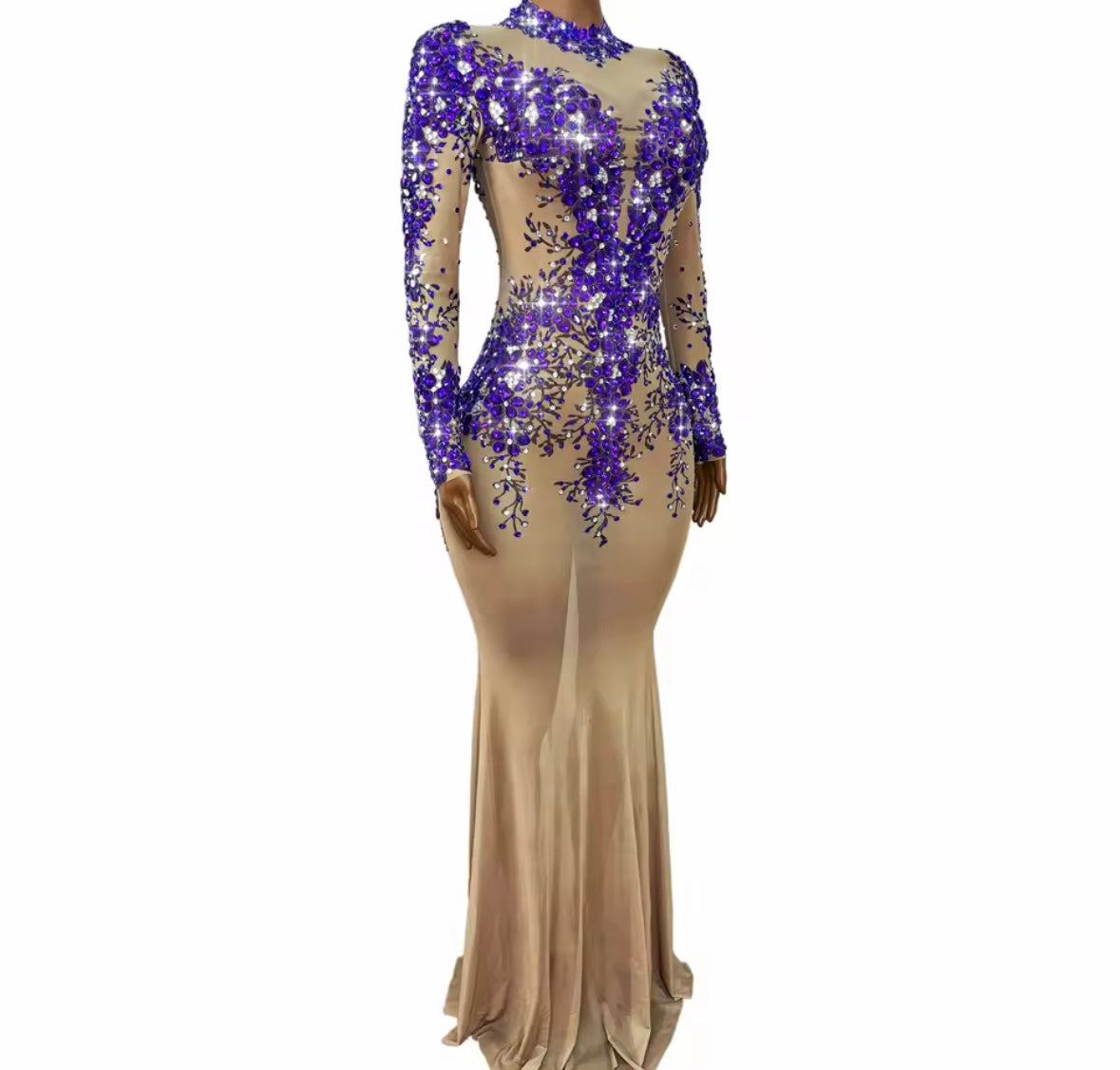 Sexy Purple Rhinestone Full Sleeve See Through Maxi Dress