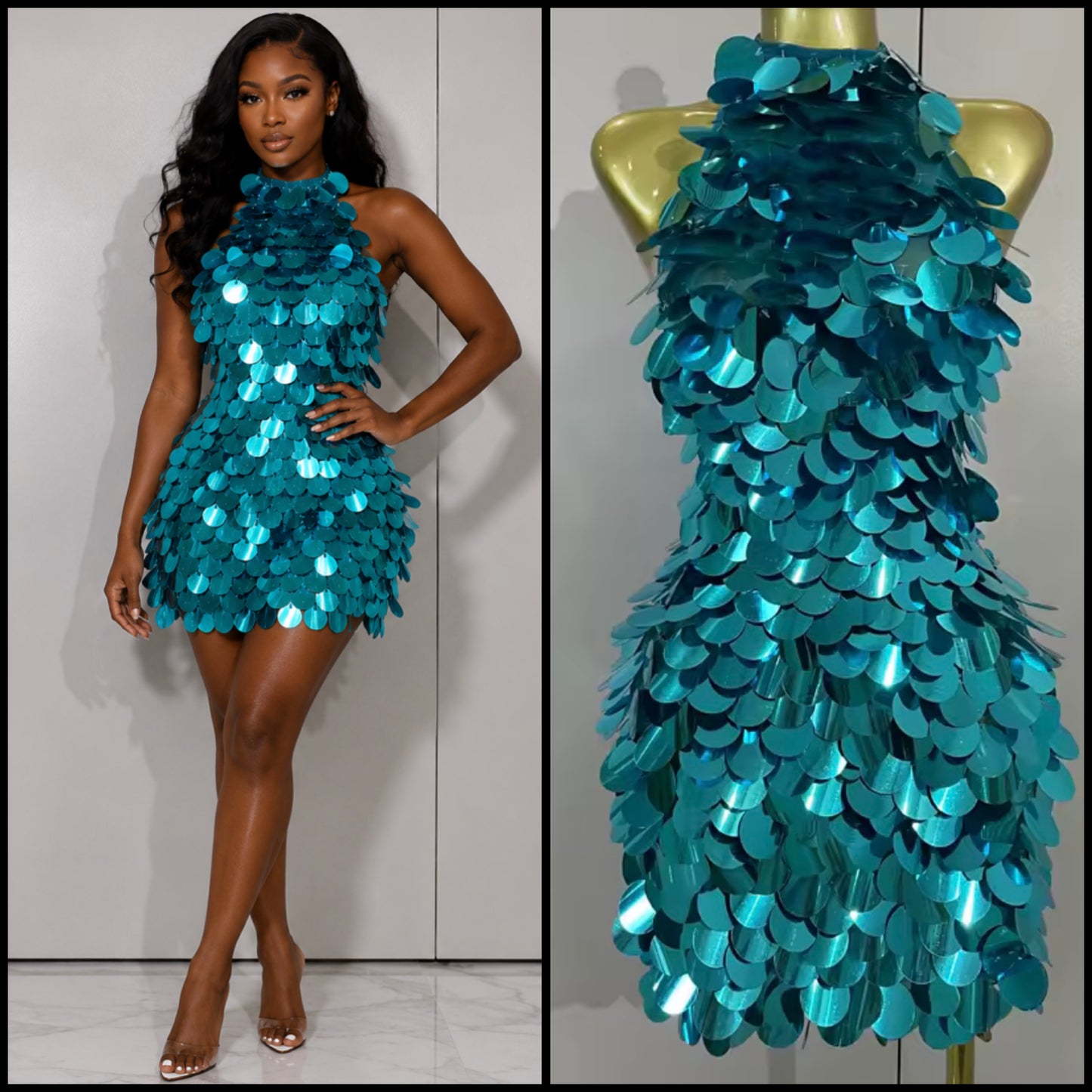 Sexy Blue Halter Sleeveless Open Back Sequins Dress