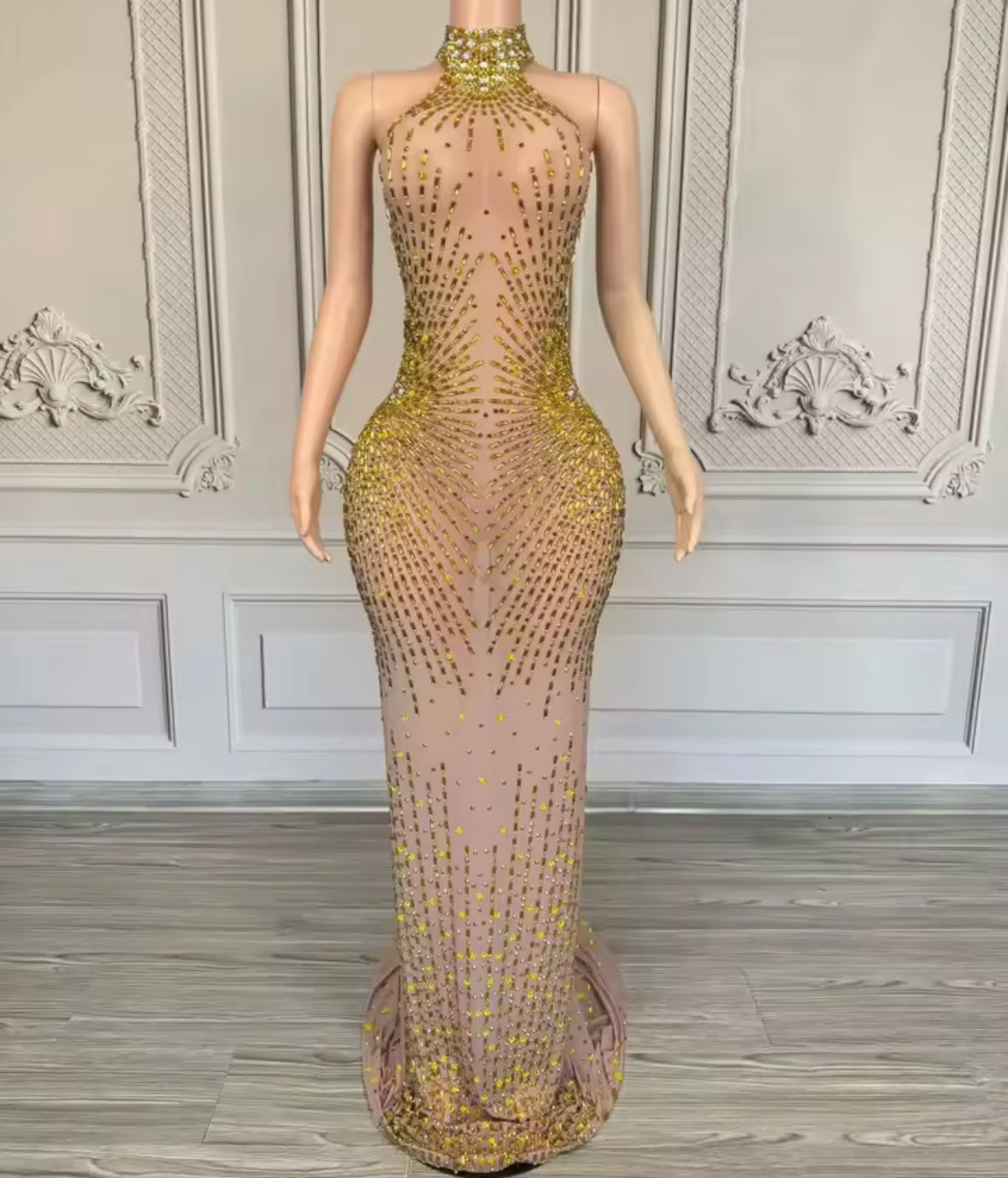 Sexy Halter Sleeveless Rhinestone Embellishment Side Split Maxi Dress