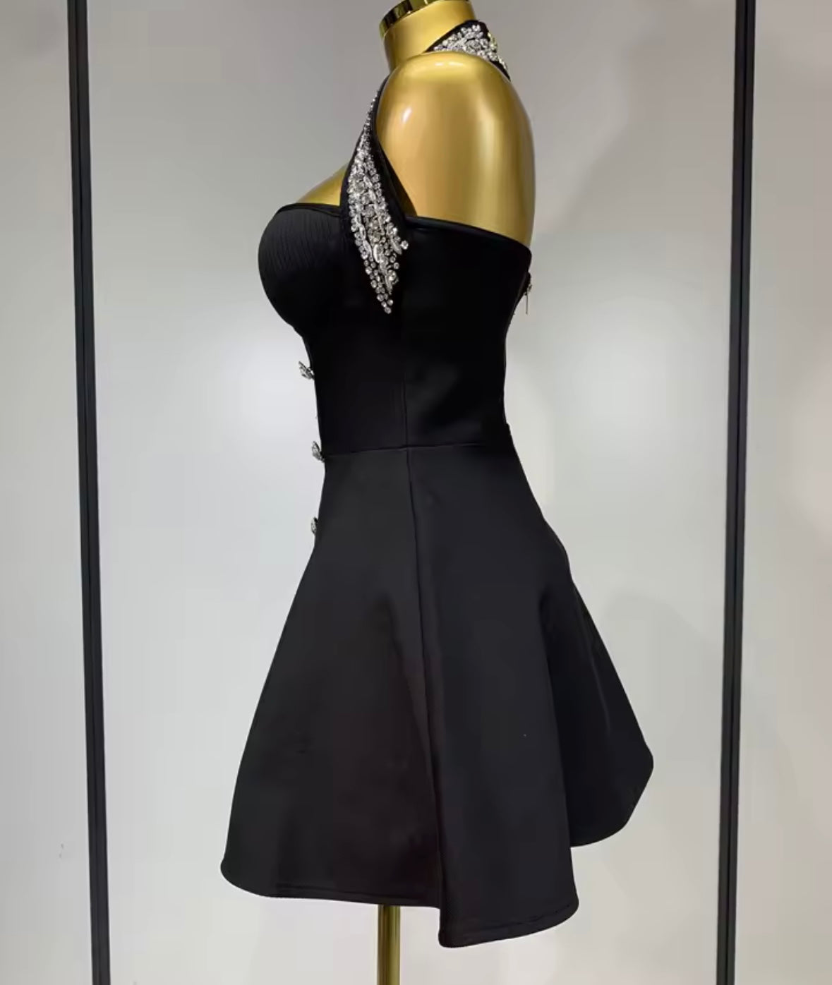 Sexy Rhinestone Halter Button Short Dress