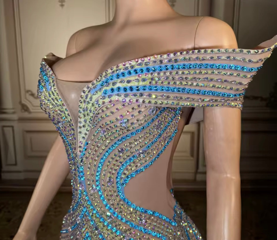 Elegant Multicolored Rhinestone Off The Shoulder Maxi Dress