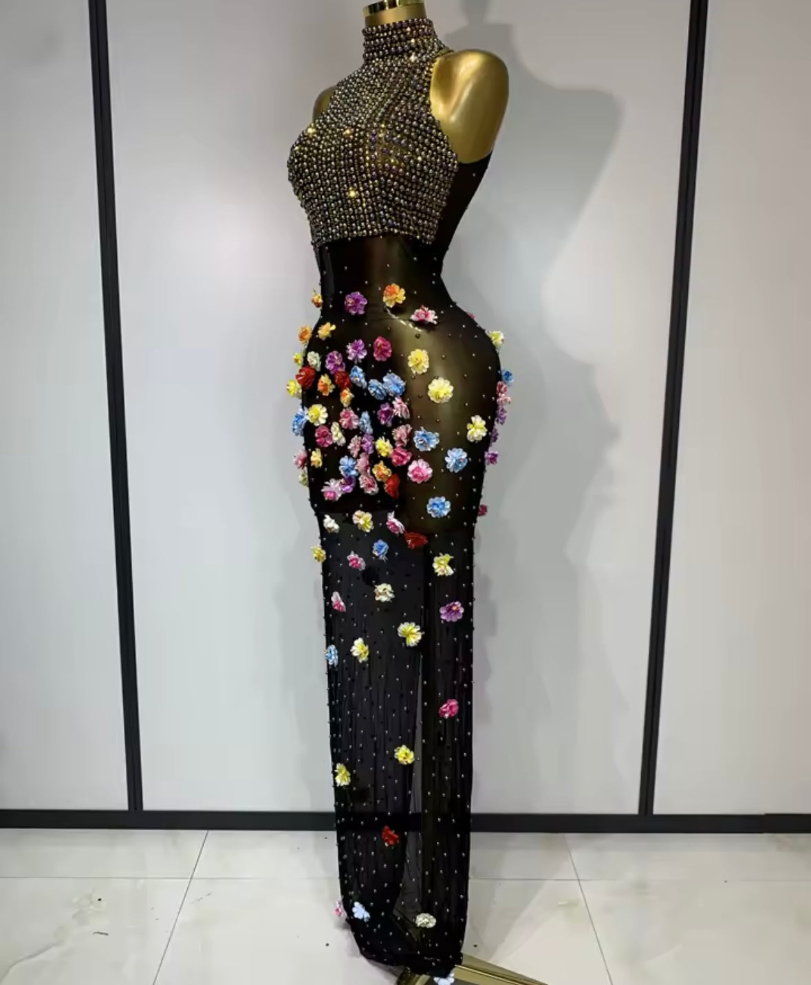 Sleeveless Black Rhinestone Floral Embellishment Maxi Dress