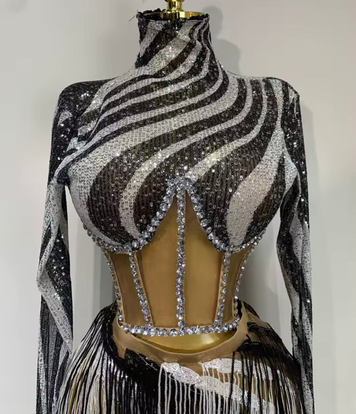 Sexy Striped Rhinestone Full Sleeve Fringe Tassel Skirt Set