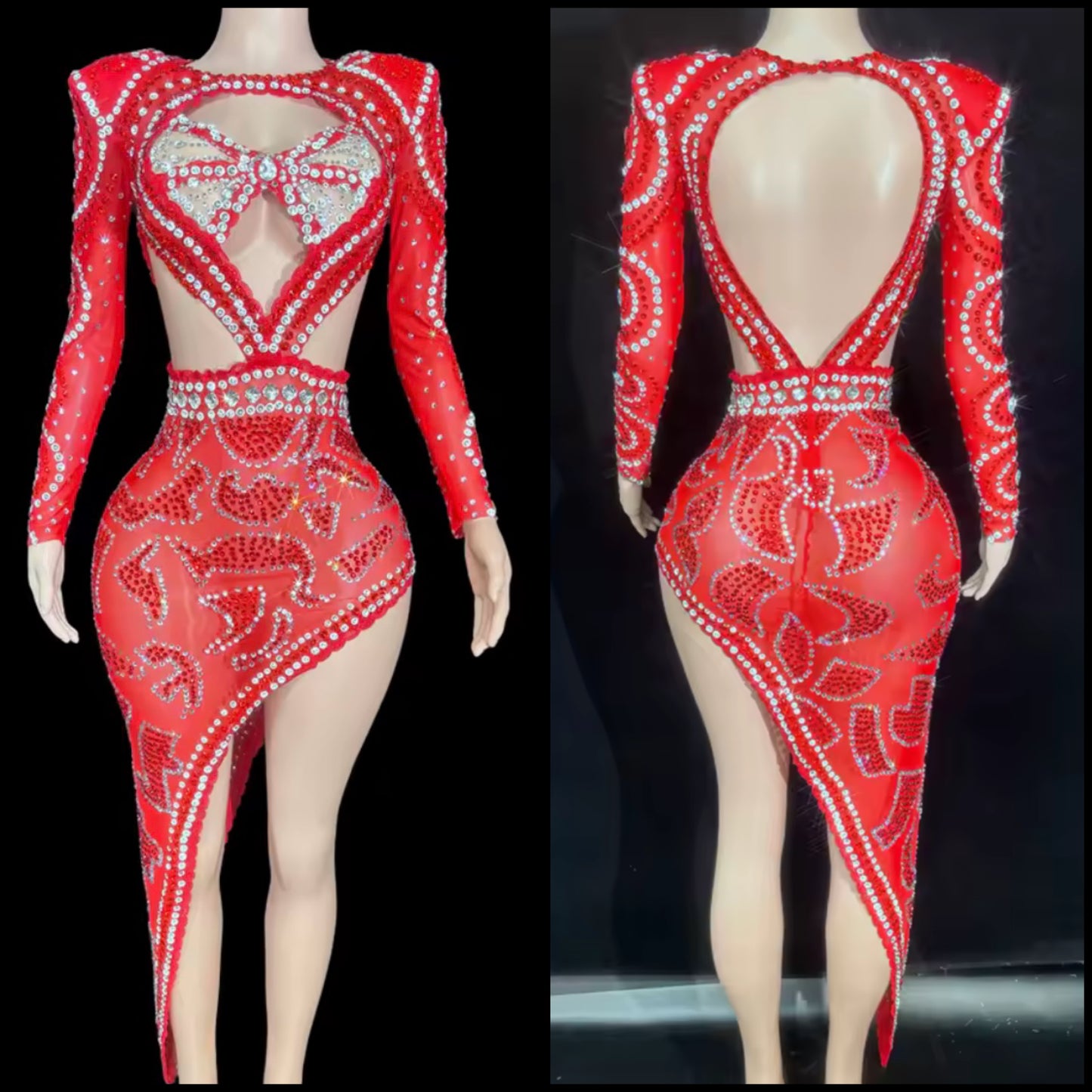Sexy Red Rhinestone Hollow Out Full Sleeve Asymmetrical Dress