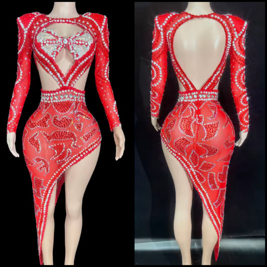 Sexy Red Rhinestone Hollow Out Full Sleeve Asymmetrical Dress