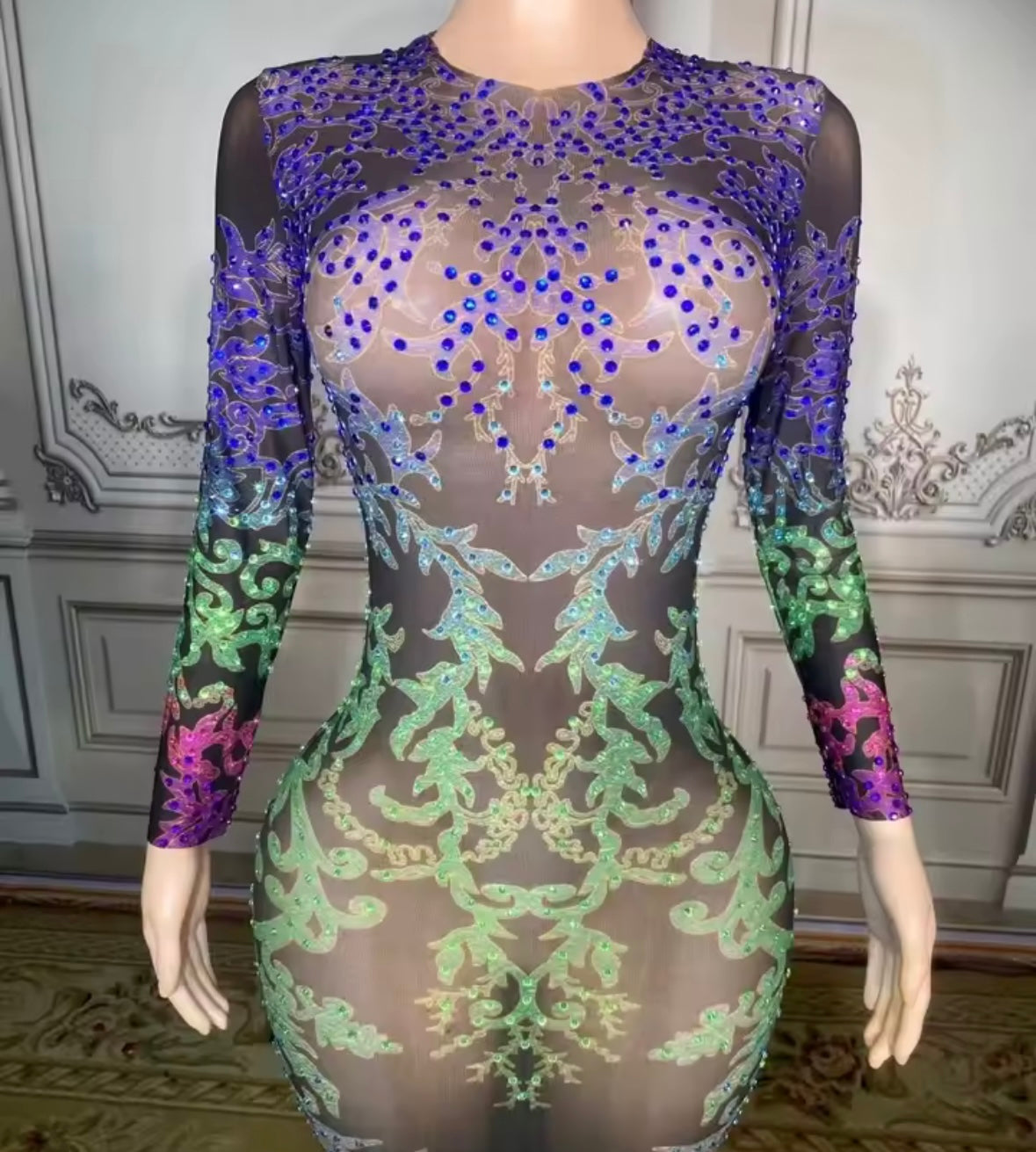 Sexy Colorful Rhinestone Full Sleeve See Through Mermaid Dress