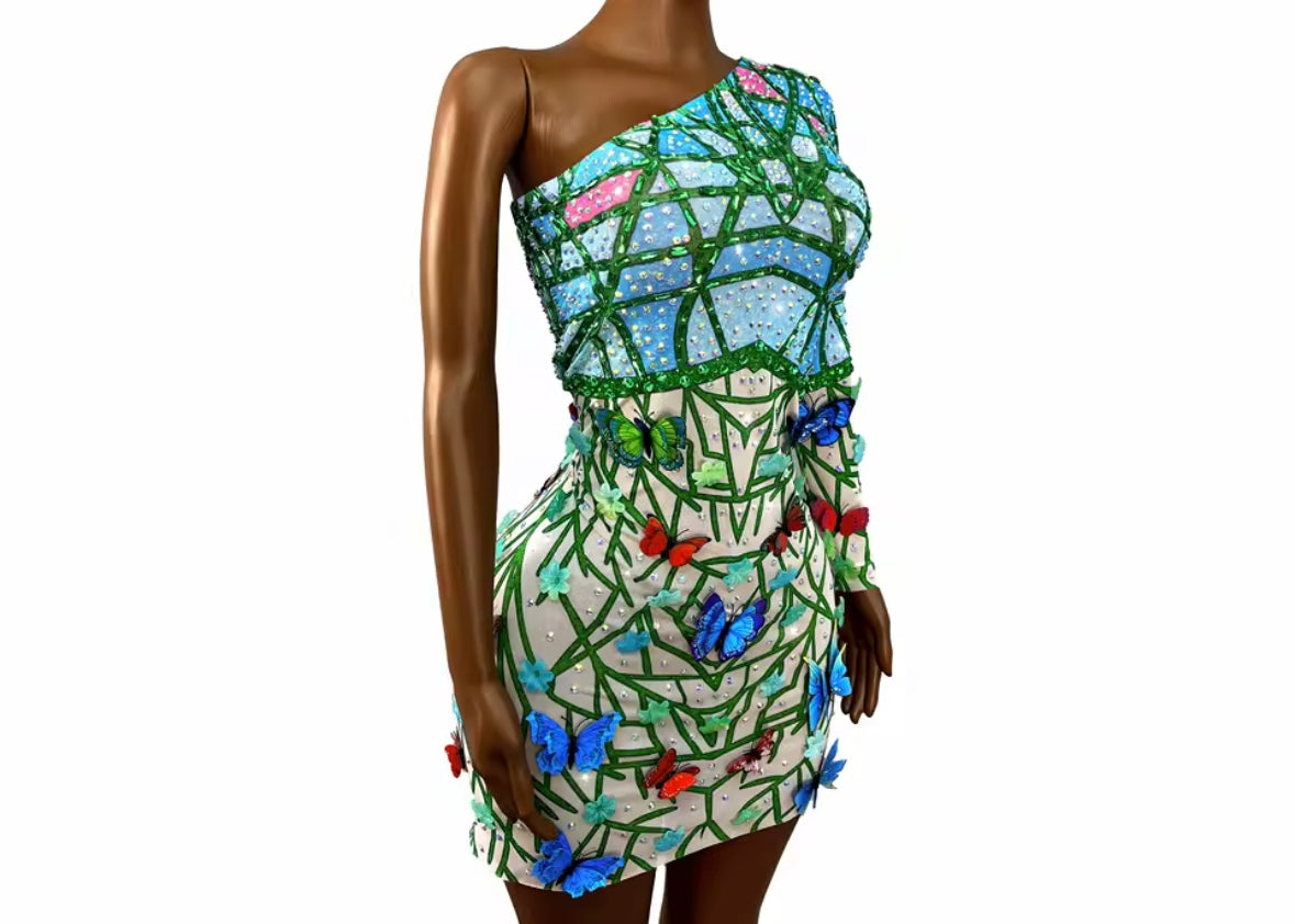 Sexy One Shoulder Full Sleeve Rhinestone Butterfly Printed Dress