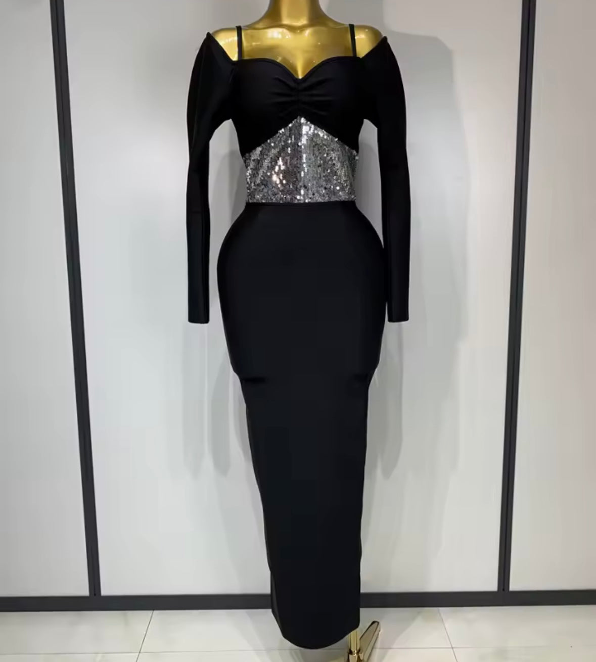 Elegant Black Sequins Patchwork Full Sleeve Maxi Dress