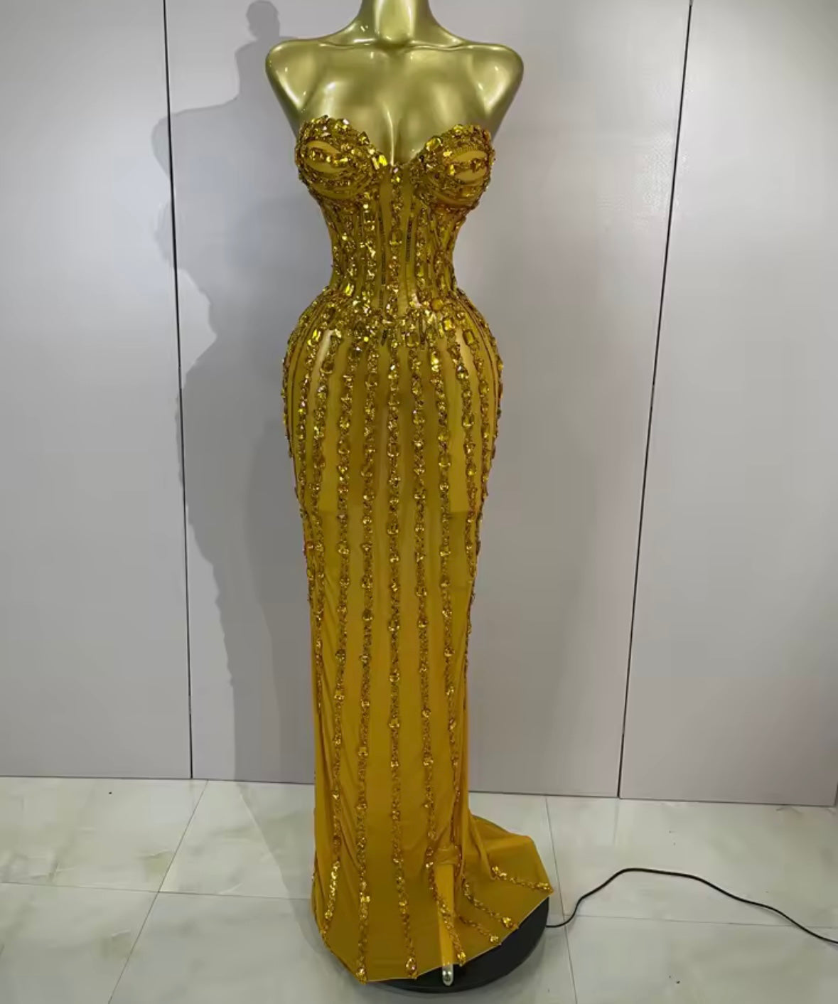 Red Sexy Strapless Crystal See Through Floor-Length Dress