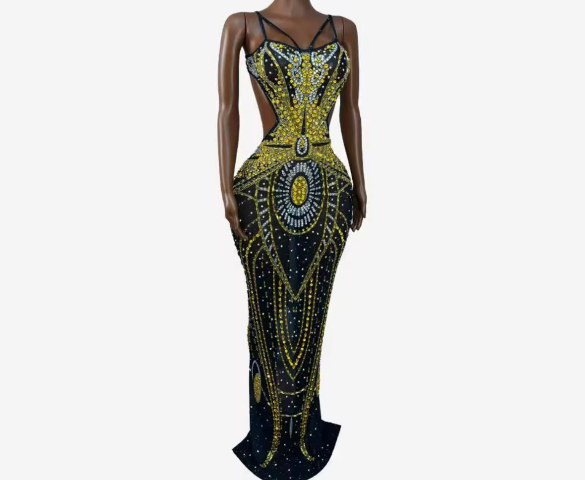 Sexy Sleeveless Open Back Rhinestone Maxi Dress
