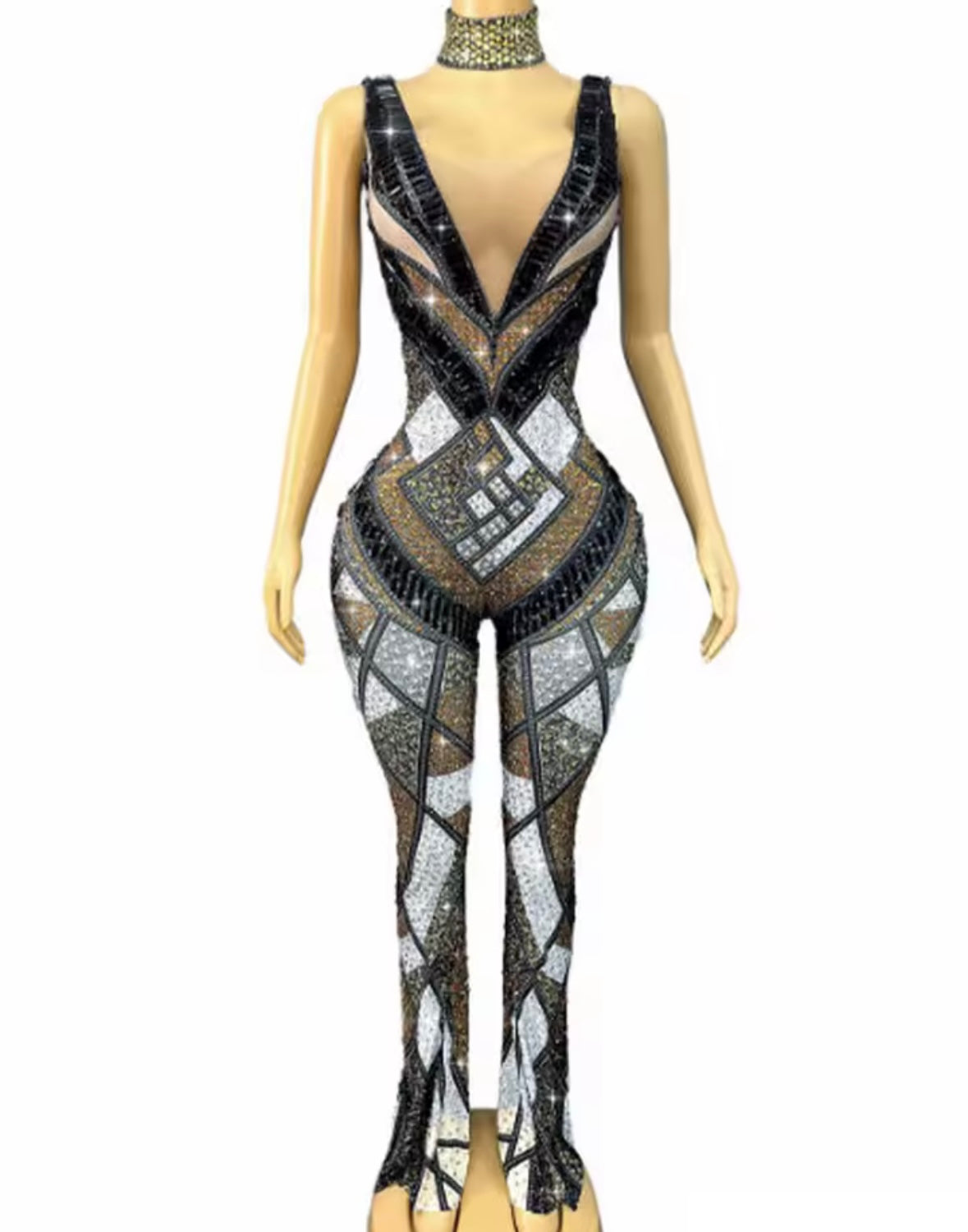 Sexy Choker Sleeveless Color Patchwork Rhinestone Jumpsuit