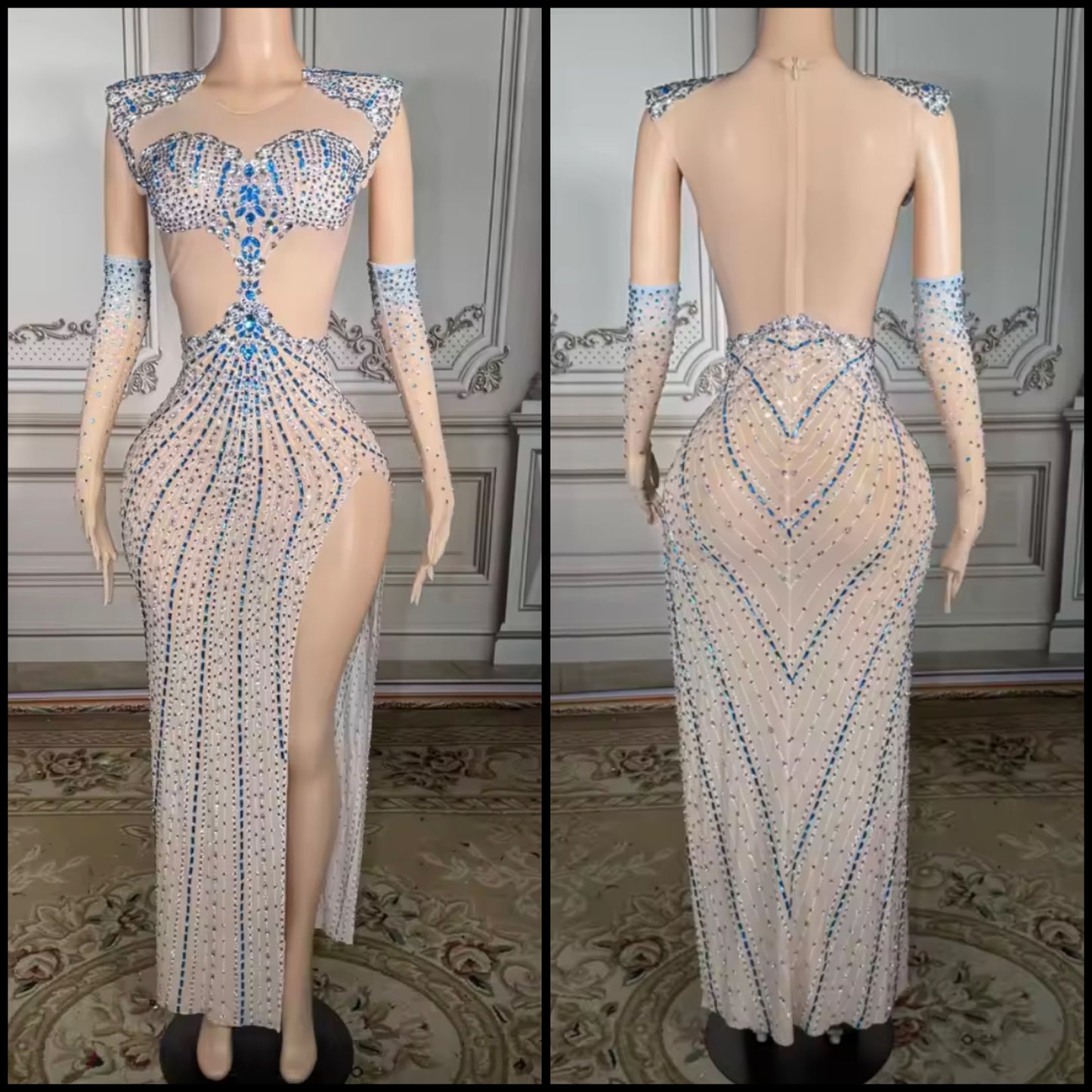 Sexy Color Rhinestone See Through Glove Maxi Dress