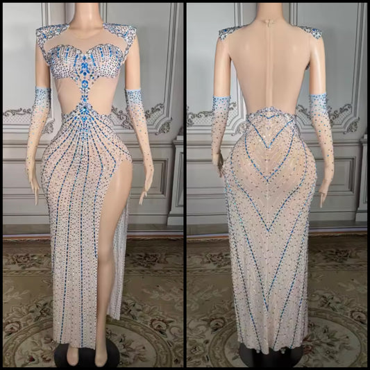 Sexy Color Rhinestone See Through Glove Maxi Dress