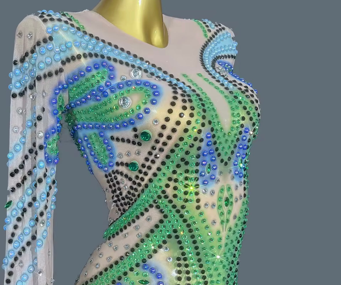 Sexy Colorful Rhinestone Full Sleeve Maxi Dress