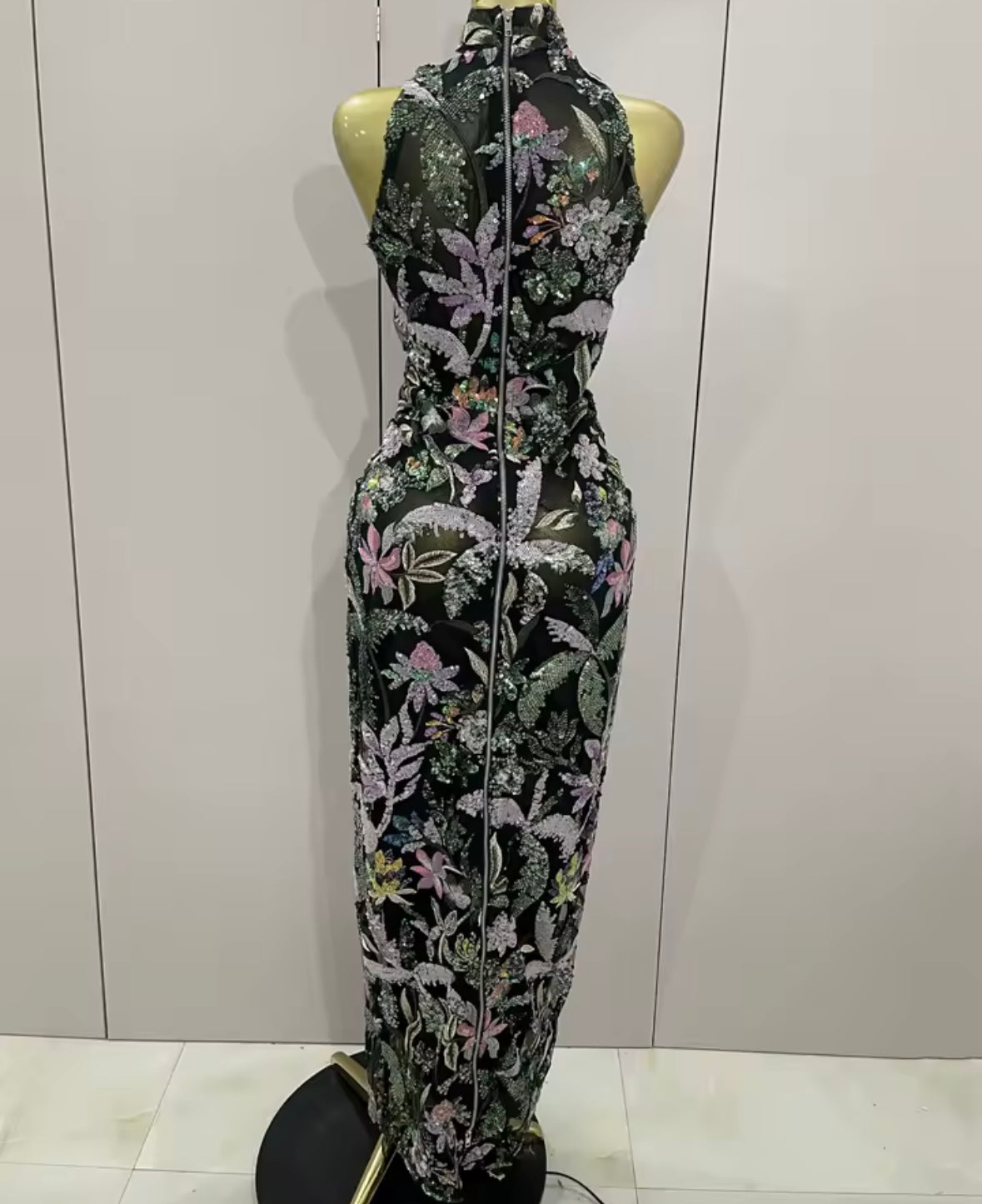 Elegant Floral Embellishment Sequins Floor-Length Dress