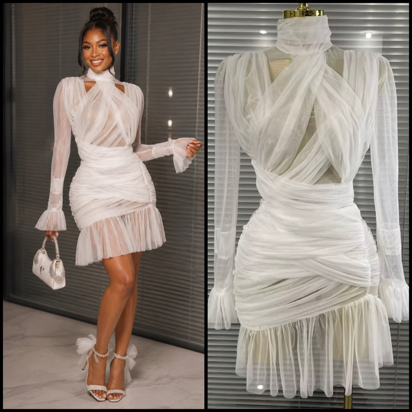 White Sexy See Through Ruched Ruffle Full Sleeve Dress