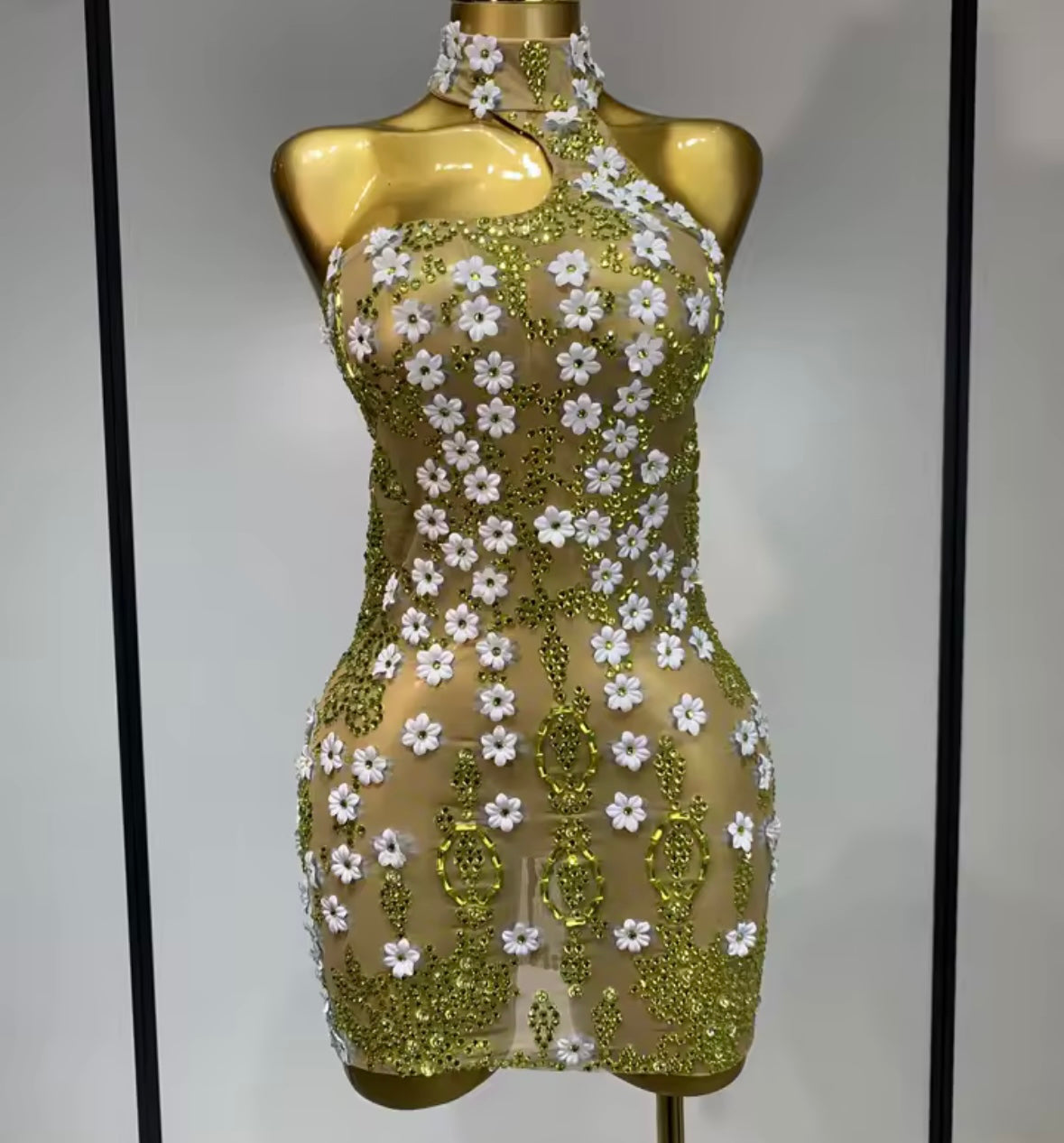 Sexy Halter Sleeveless Flower See Through Short Dress