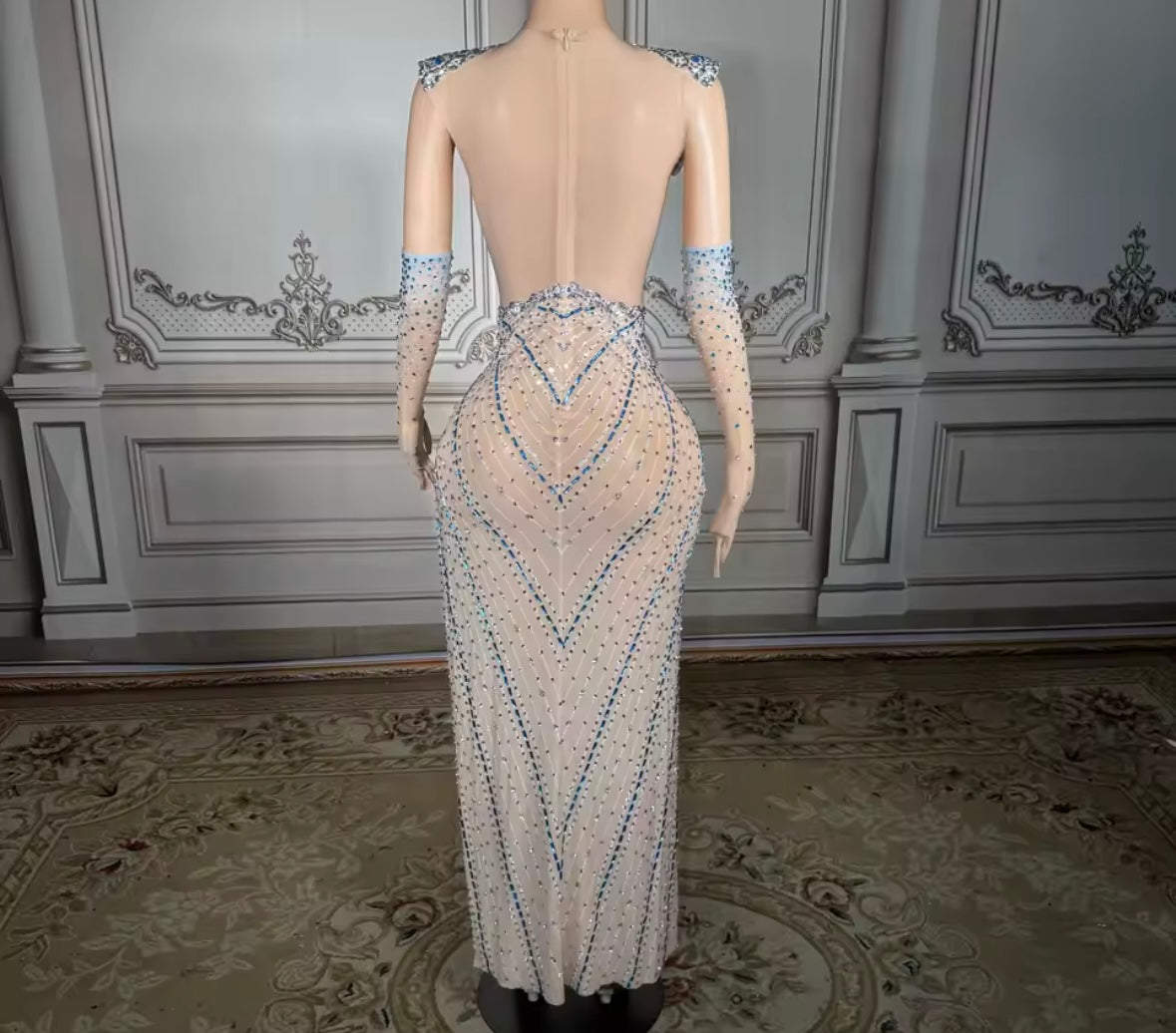 Sexy Color Rhinestone See Through Glove Maxi Dress