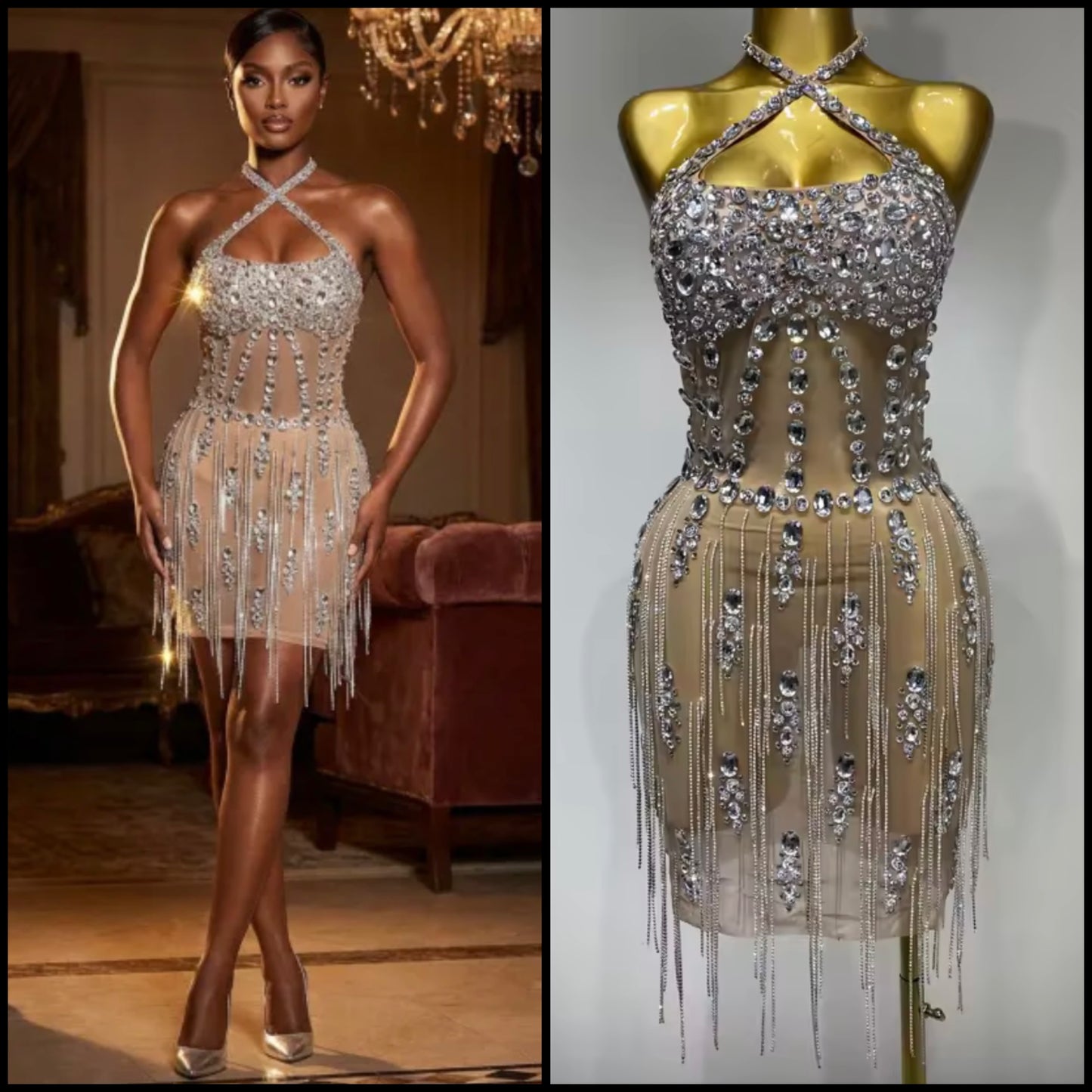 Sexy Halter Sleeveless Rhinestone Embellishment Tassel Dress