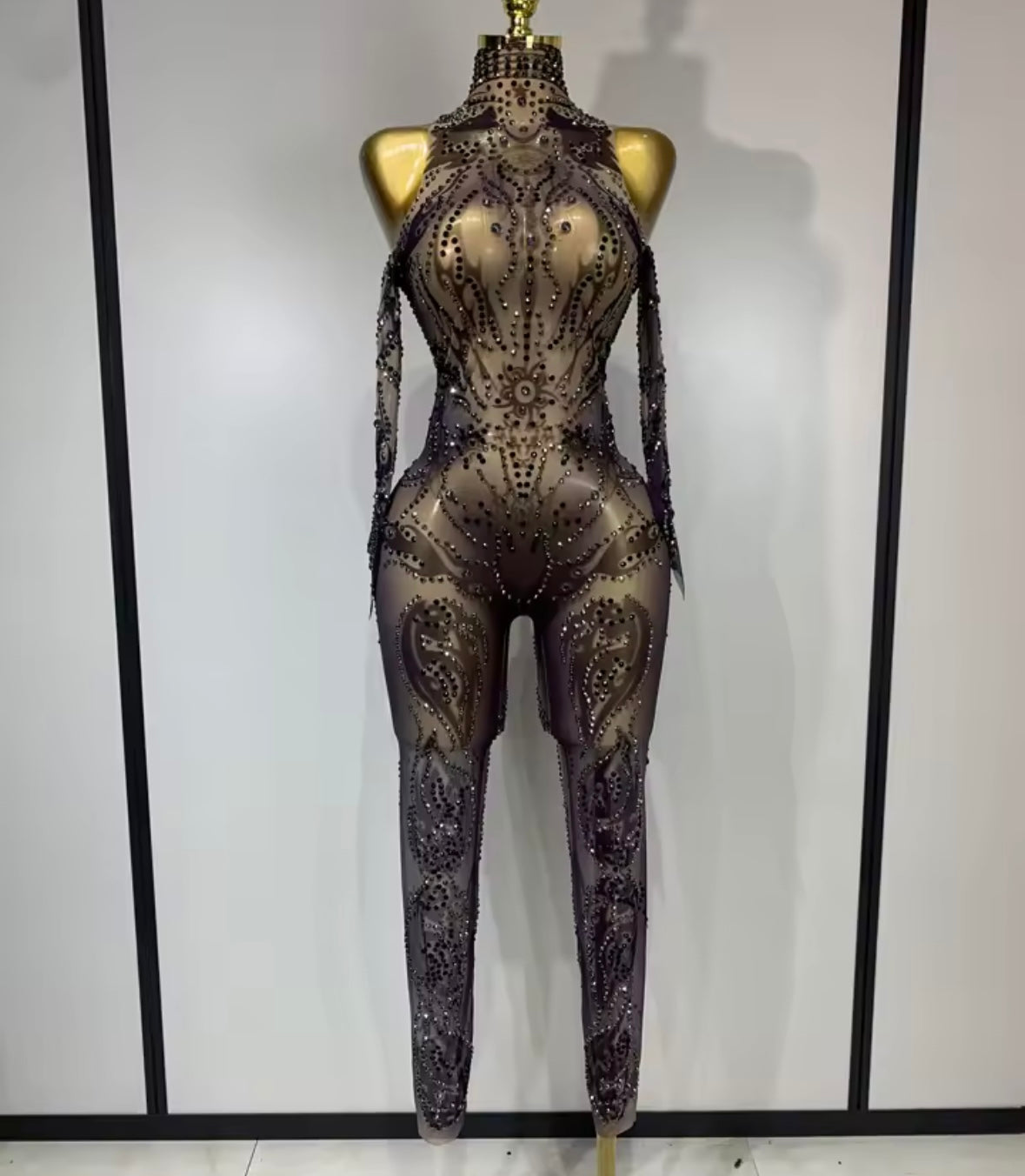 Sexy See Through Rhinestone Full Sleeve Jumpsuit