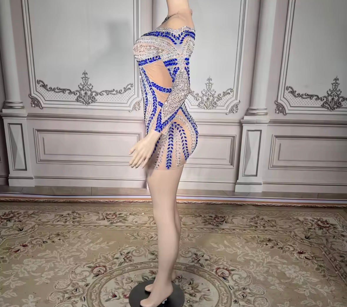 Rhinestone Embellishment Sexy Full Sleeve See Through Dress