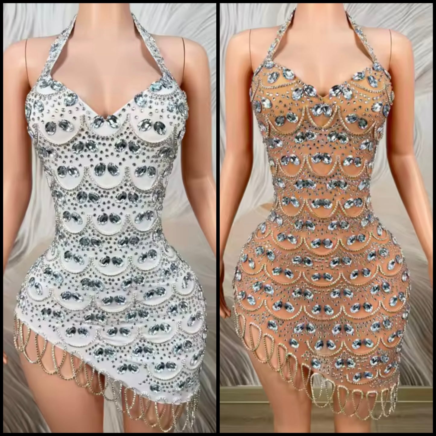 Sexy Halter Sleeveless Rhinestone Tassel Asymmetrical Dress