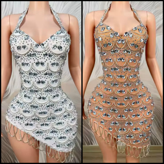 Sexy Halter Sleeveless Rhinestone Tassel Asymmetrical Dress